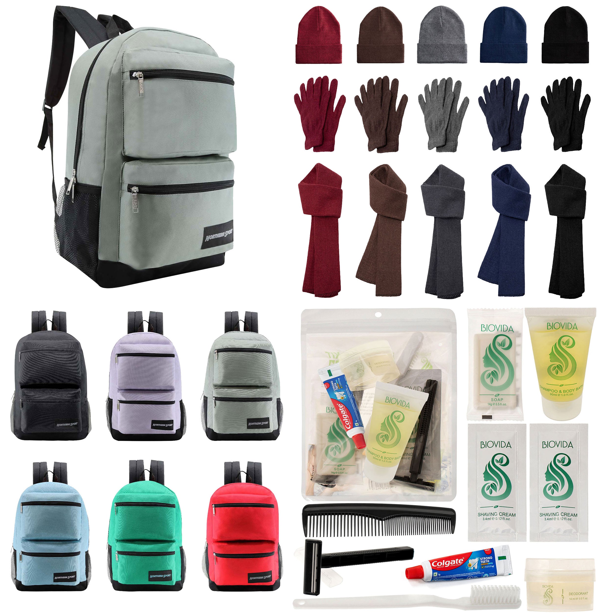 12 Premium 19" Backpacks in 4 Colors, 12 Winter Item Sets & Your Choice of 12 Bulk Hygiene Kits - Wholesale Homeless Care Package