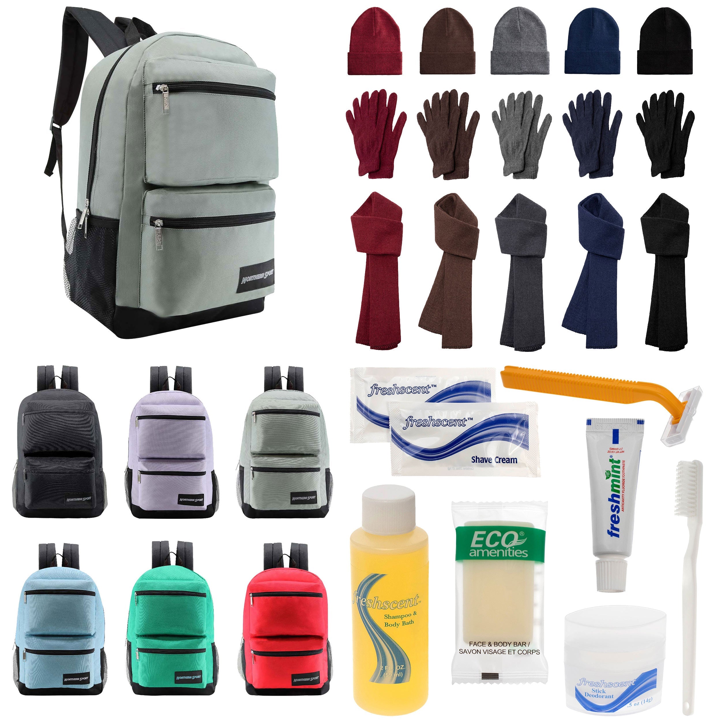 12 Premium 19" Backpacks in 4 Colors, 12 Winter Item Sets & Your Choice of 12 Bulk Hygiene Kits - Wholesale Homeless Care Package