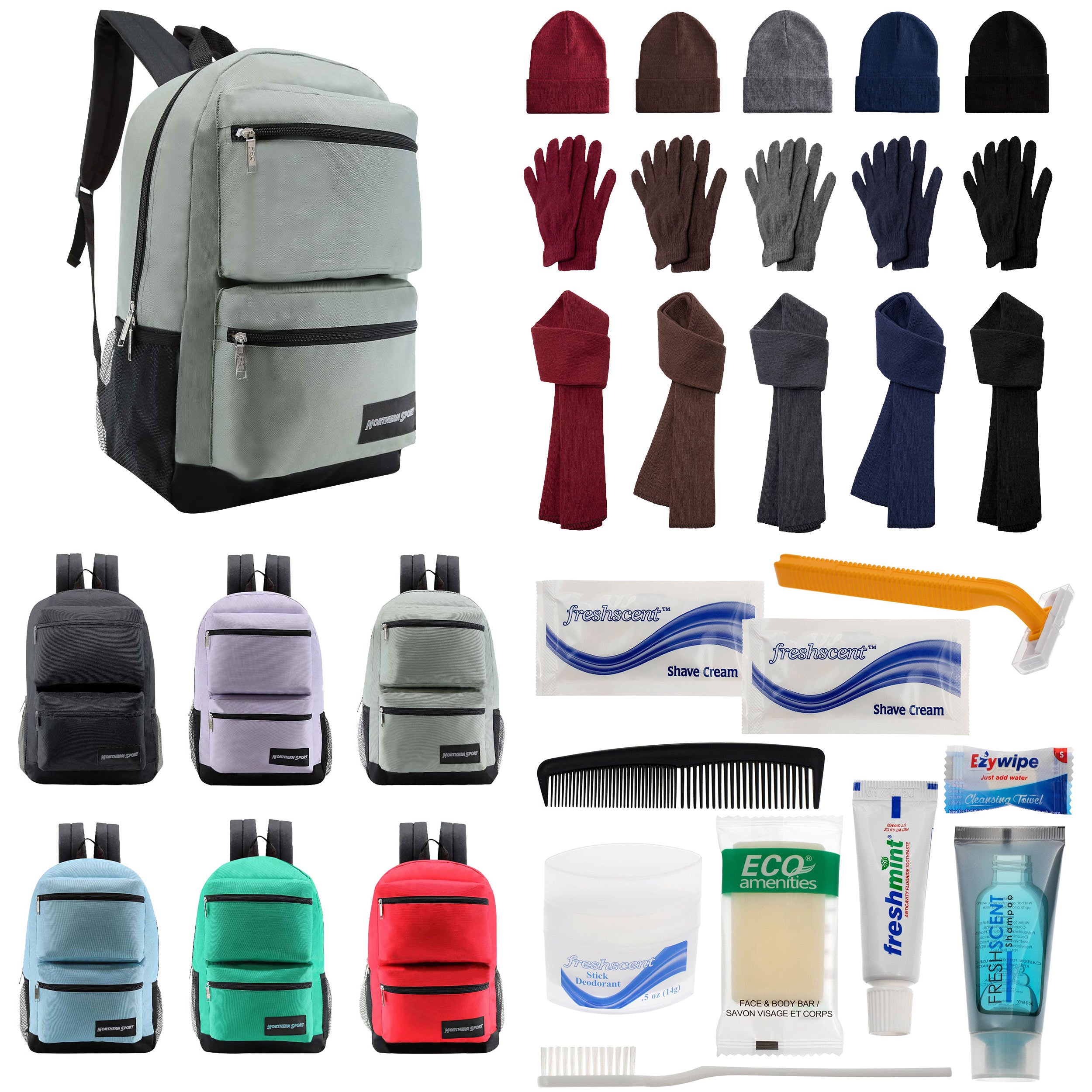 12 Premium 19" Backpacks in 4 Colors, 12 Winter Item Sets & Your Choice of 12 Bulk Hygiene Kits - Wholesale Homeless Care Package