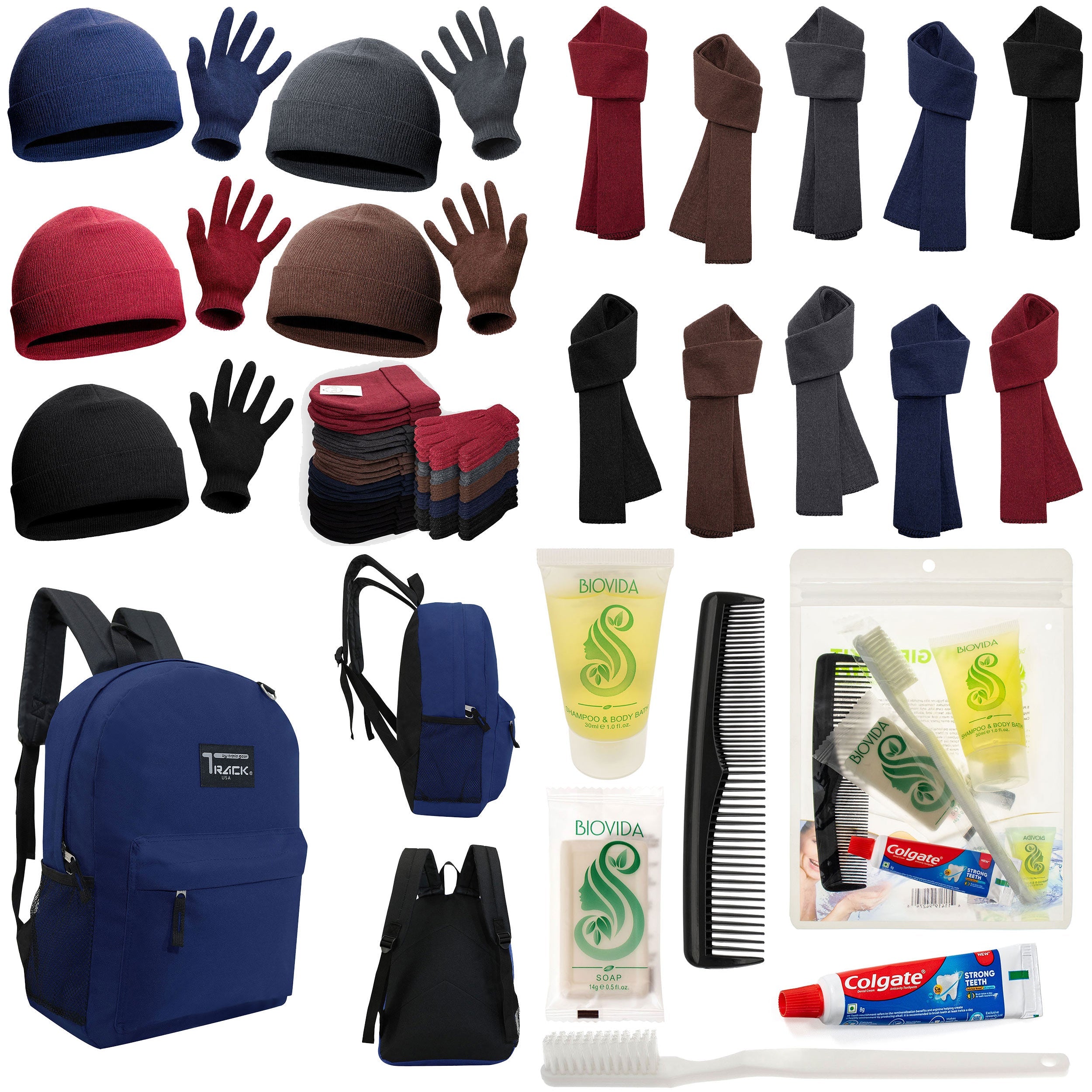 12 Navy Blue 17" Backpacks with 12 Winter Item Sets & Your Choice of 12 Bulk Hygiene Kits - Wholesale Homeless Care Package