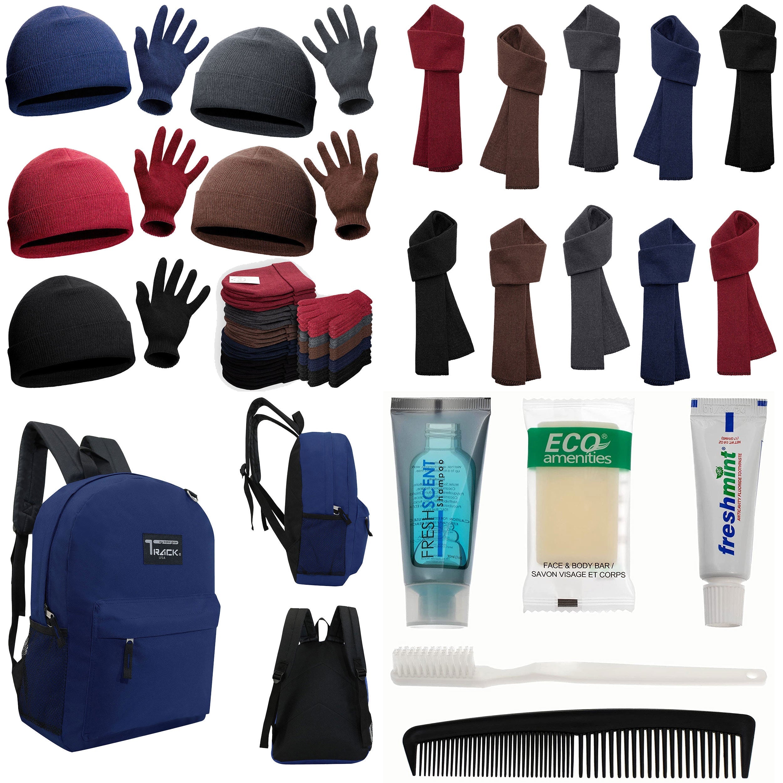12 Navy Blue 17" Backpacks with 12 Winter Item Sets & Your Choice of 12 Bulk Hygiene Kits - Wholesale Homeless Care Package
