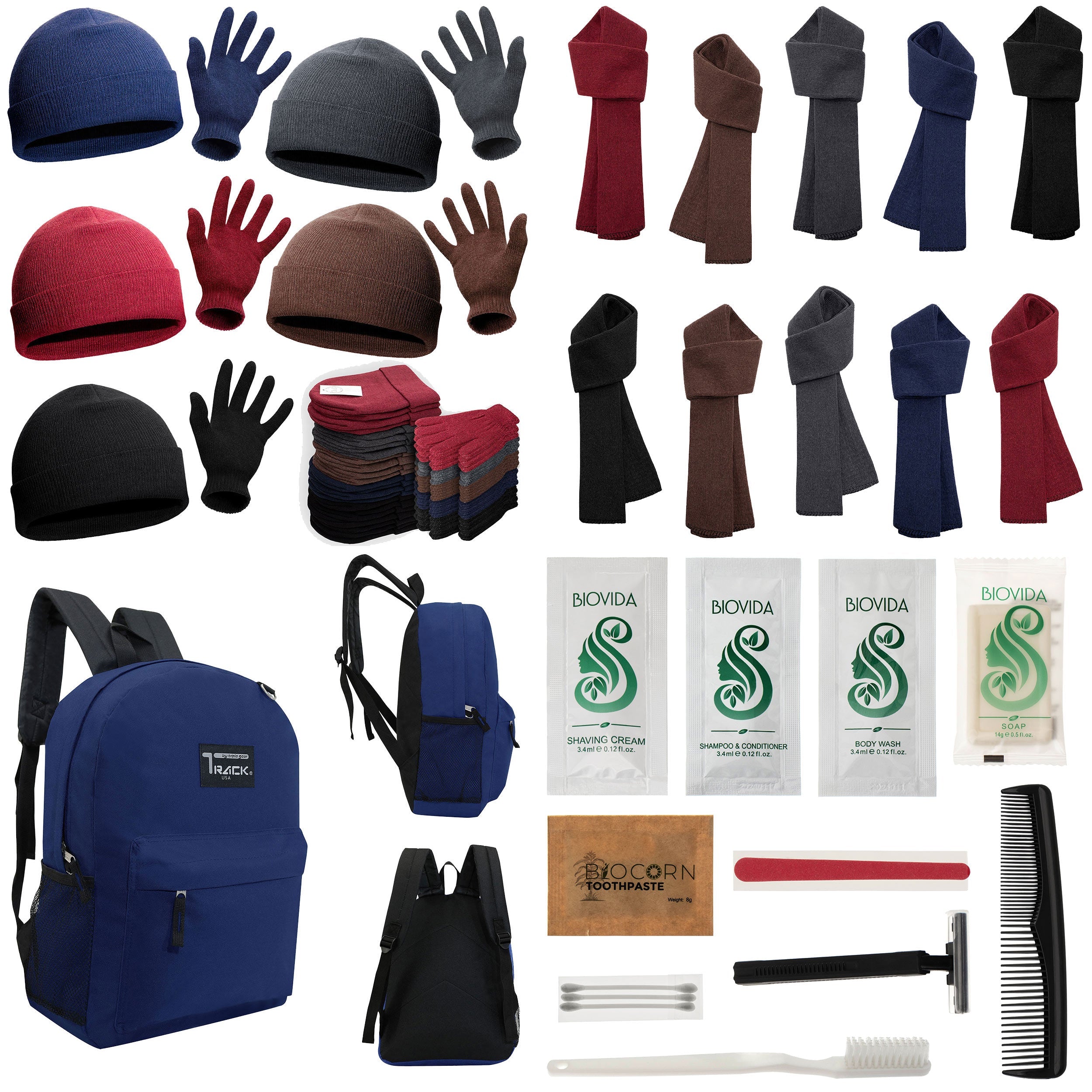 12 Navy Blue 17" Backpacks with 12 Winter Item Sets & Your Choice of 12 Bulk Hygiene Kits - Wholesale Homeless Care Package