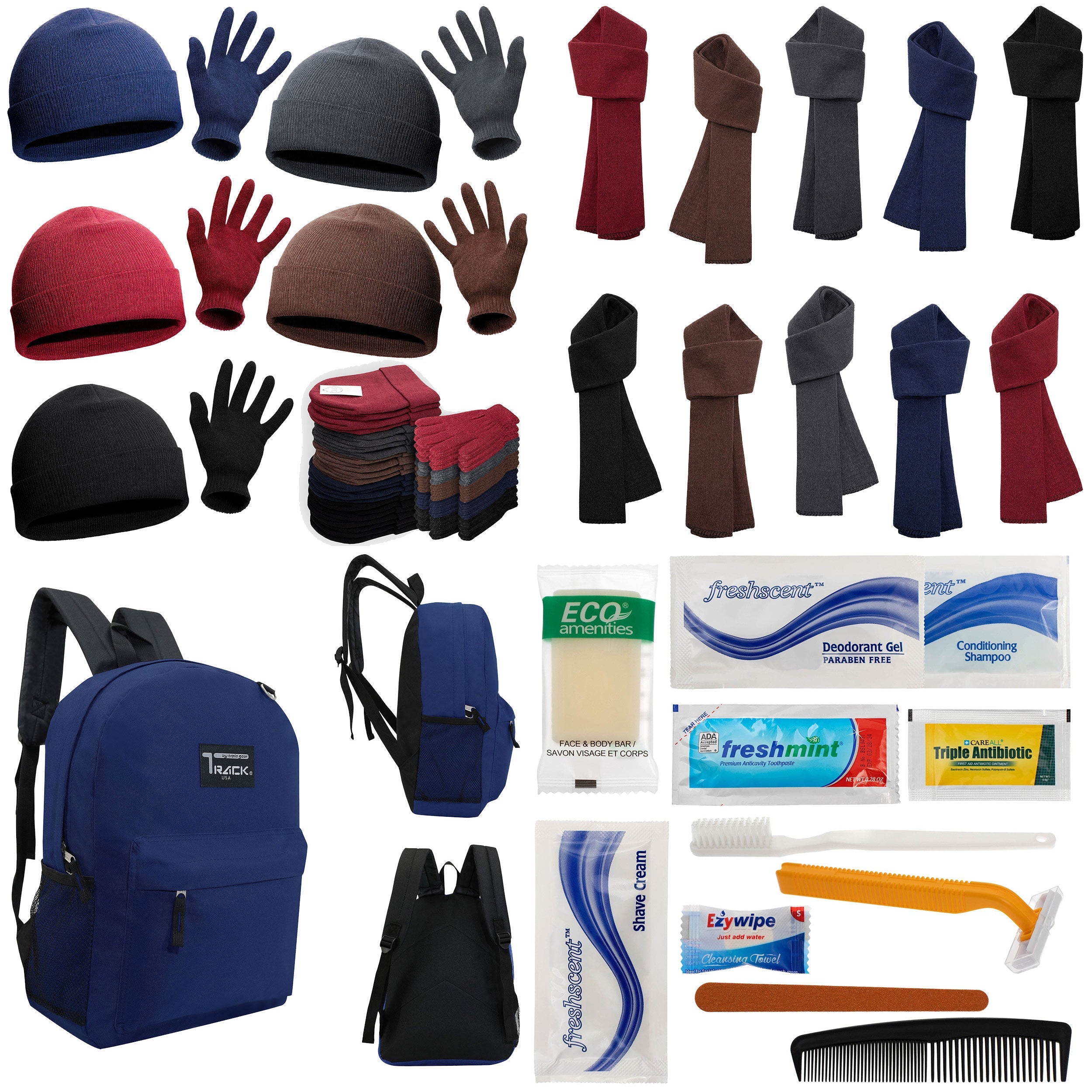 12 Navy Blue 17" Backpacks with 12 Winter Item Sets & Your Choice of 12 Bulk Hygiene Kits - Wholesale Homeless Care Package