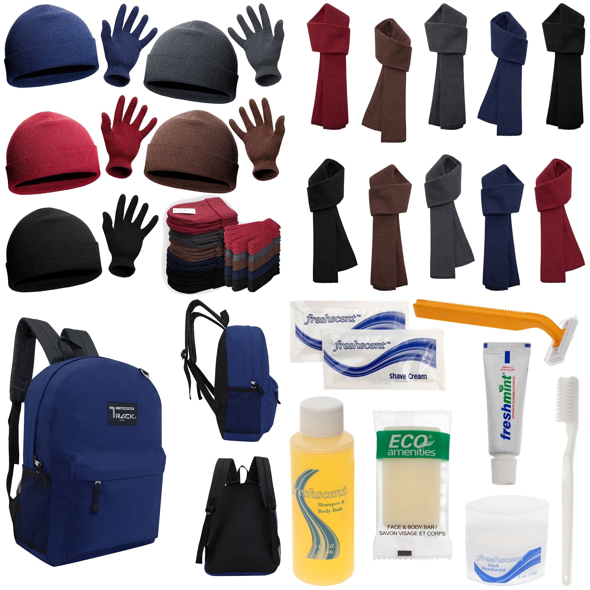 12 Navy Blue 17" Backpacks with 12 Winter Item Sets & Your Choice of 12 Bulk Hygiene Kits - Wholesale Homeless Care Package