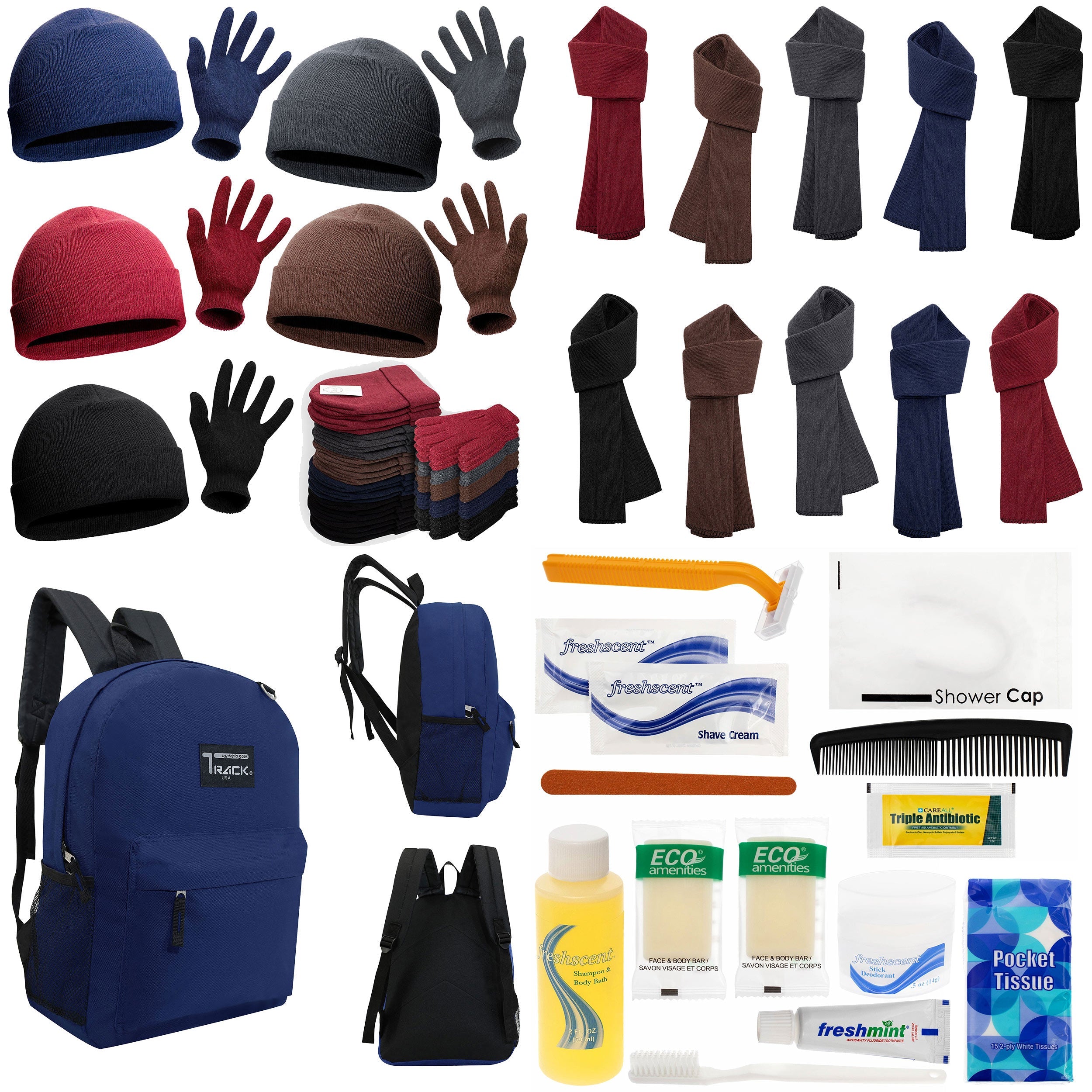 12 Navy Blue 17" Backpacks with 12 Winter Item Sets & Your Choice of 12 Bulk Hygiene Kits - Wholesale Homeless Care Package