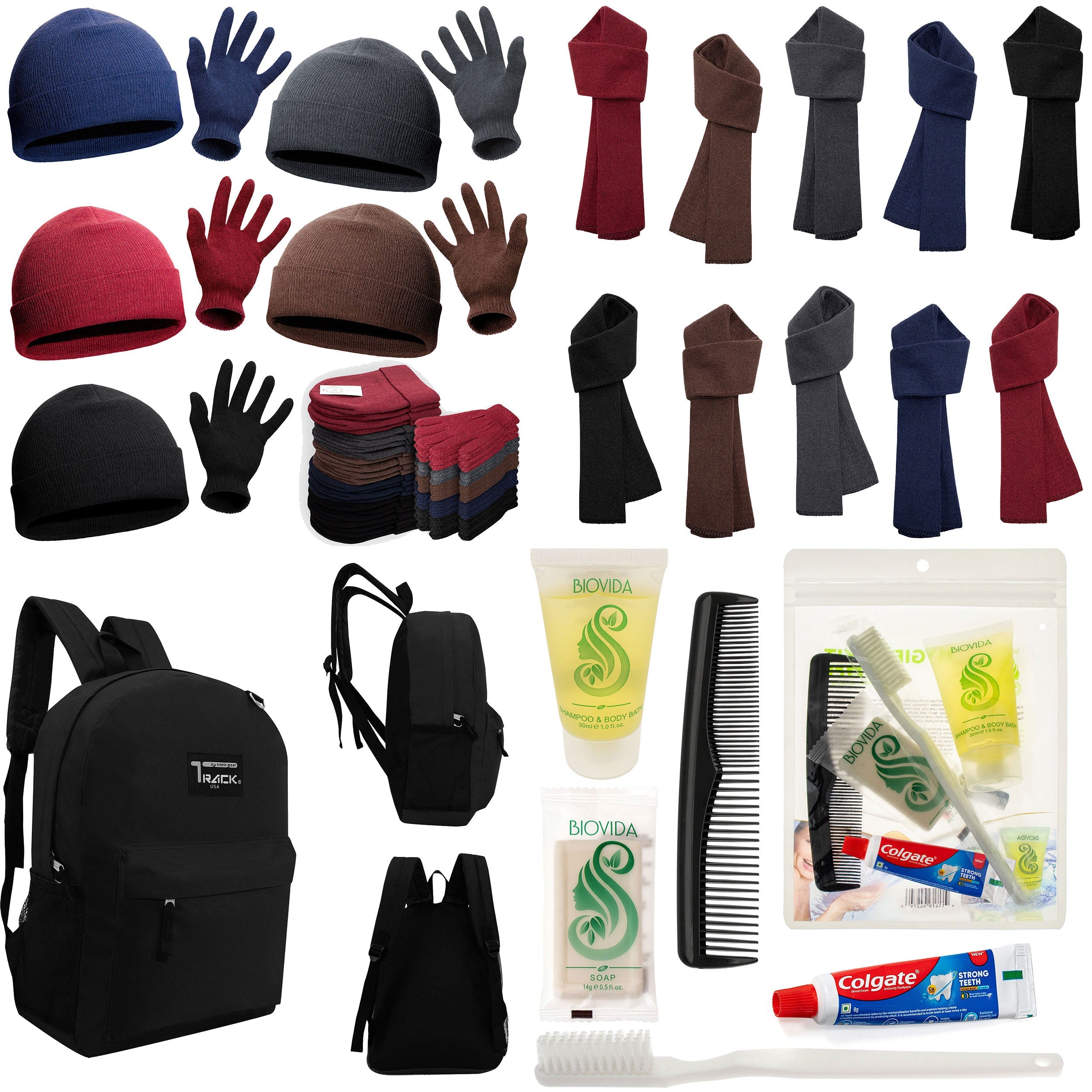 12 Black 17" Backpacks with 12 Winter Item Sets & Your Choice of 12 Bulk Hygiene Kits - Wholesale Homeless Care Package