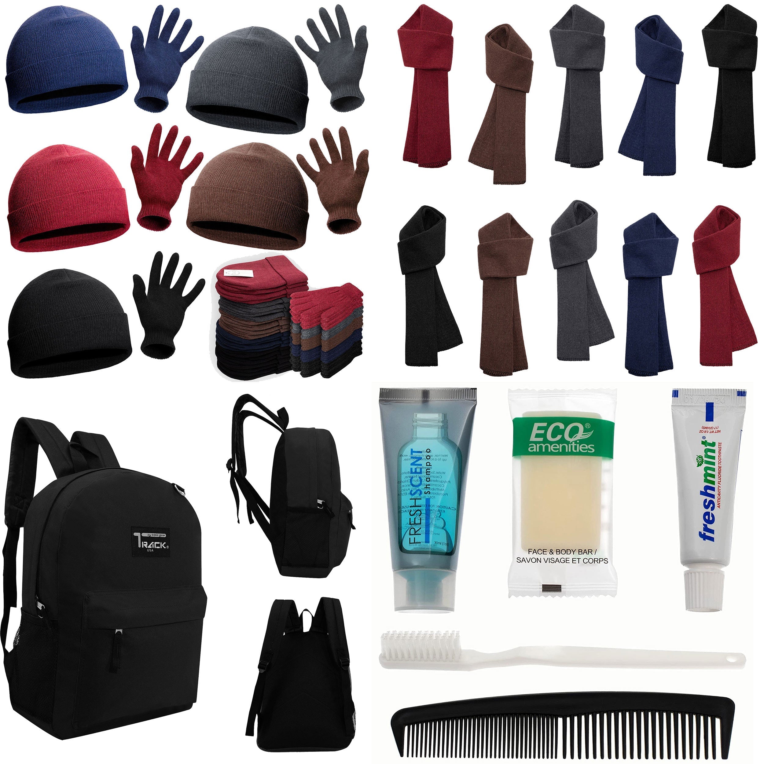 12 Black 17" Backpacks with 12 Winter Item Sets & Your Choice of 12 Bulk Hygiene Kits - Wholesale Homeless Care Package