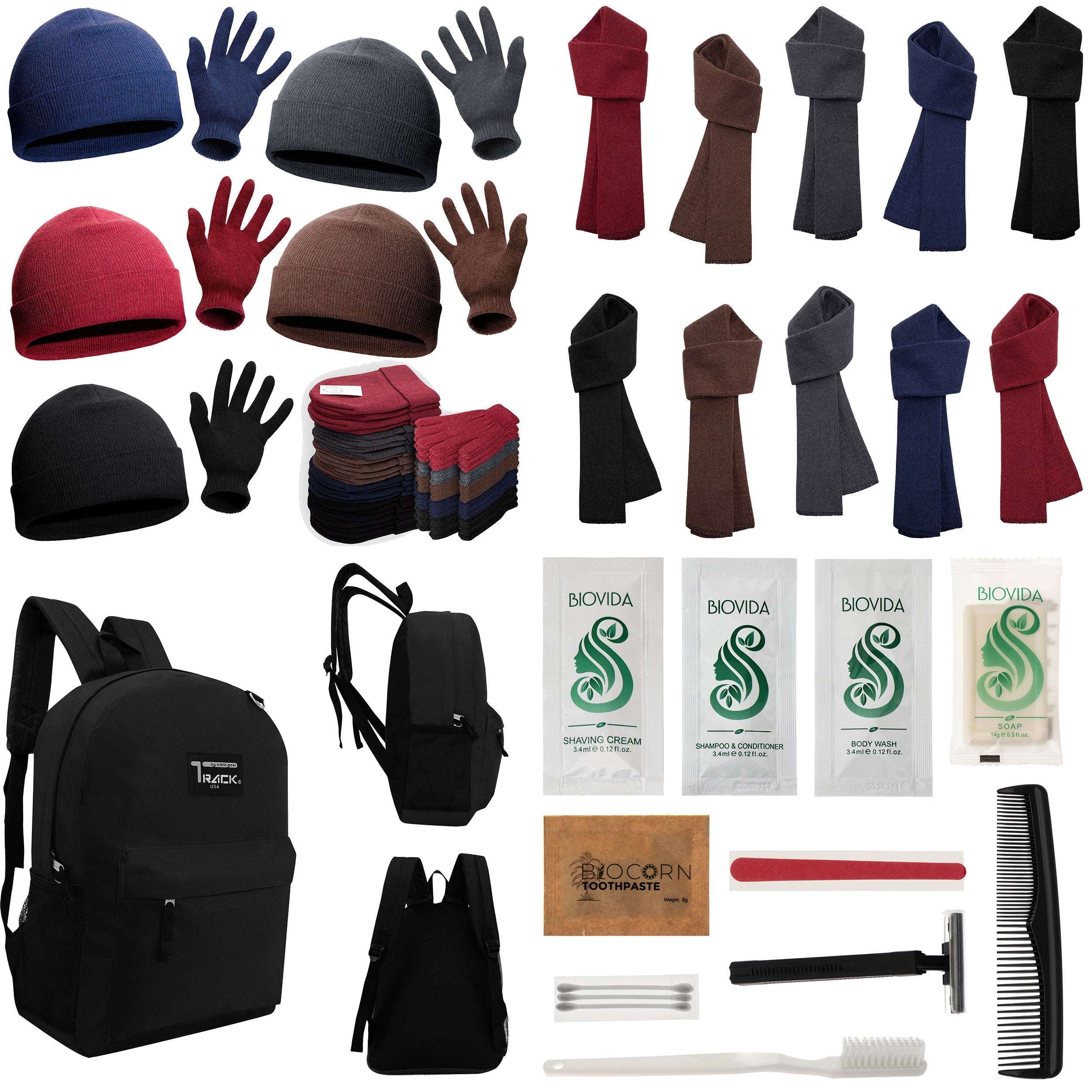 12 Black 17" Backpacks with 12 Winter Item Sets & Your Choice of 12 Bulk Hygiene Kits - Wholesale Homeless Care Package