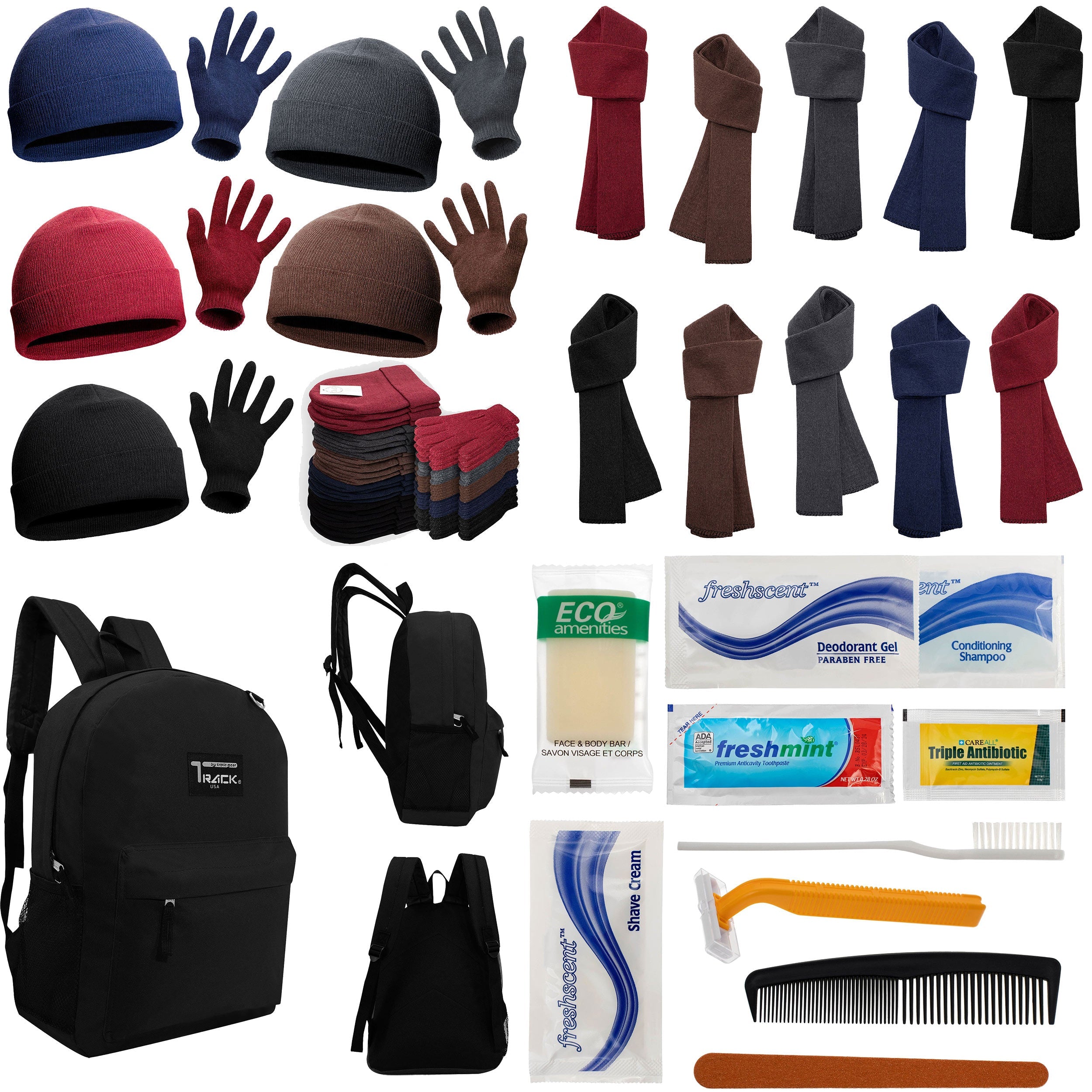 12 Black 17" Backpacks with 12 Winter Item Sets & Your Choice of 12 Bulk Hygiene Kits - Wholesale Homeless Care Package