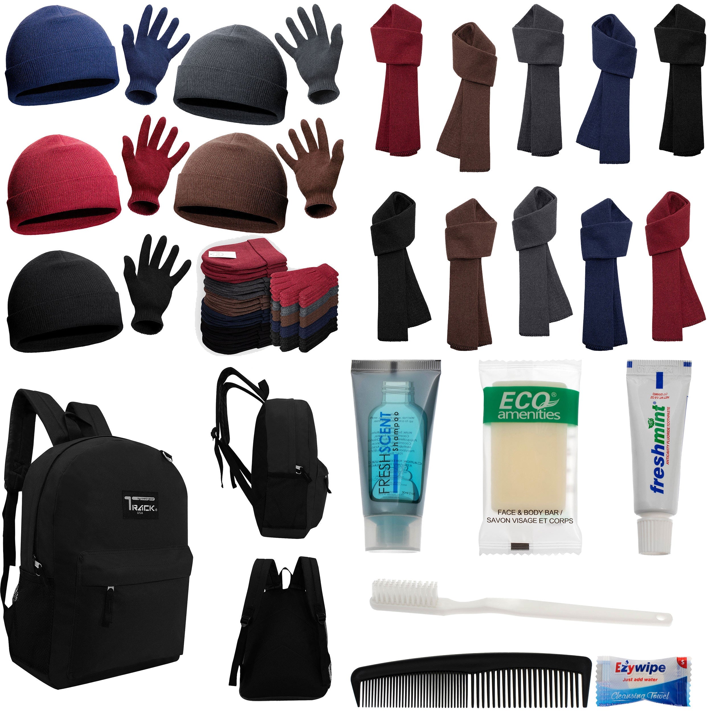 12 Black 17" Backpacks with 12 Winter Item Sets & Your Choice of 12 Bulk Hygiene Kits - Wholesale Homeless Care Package