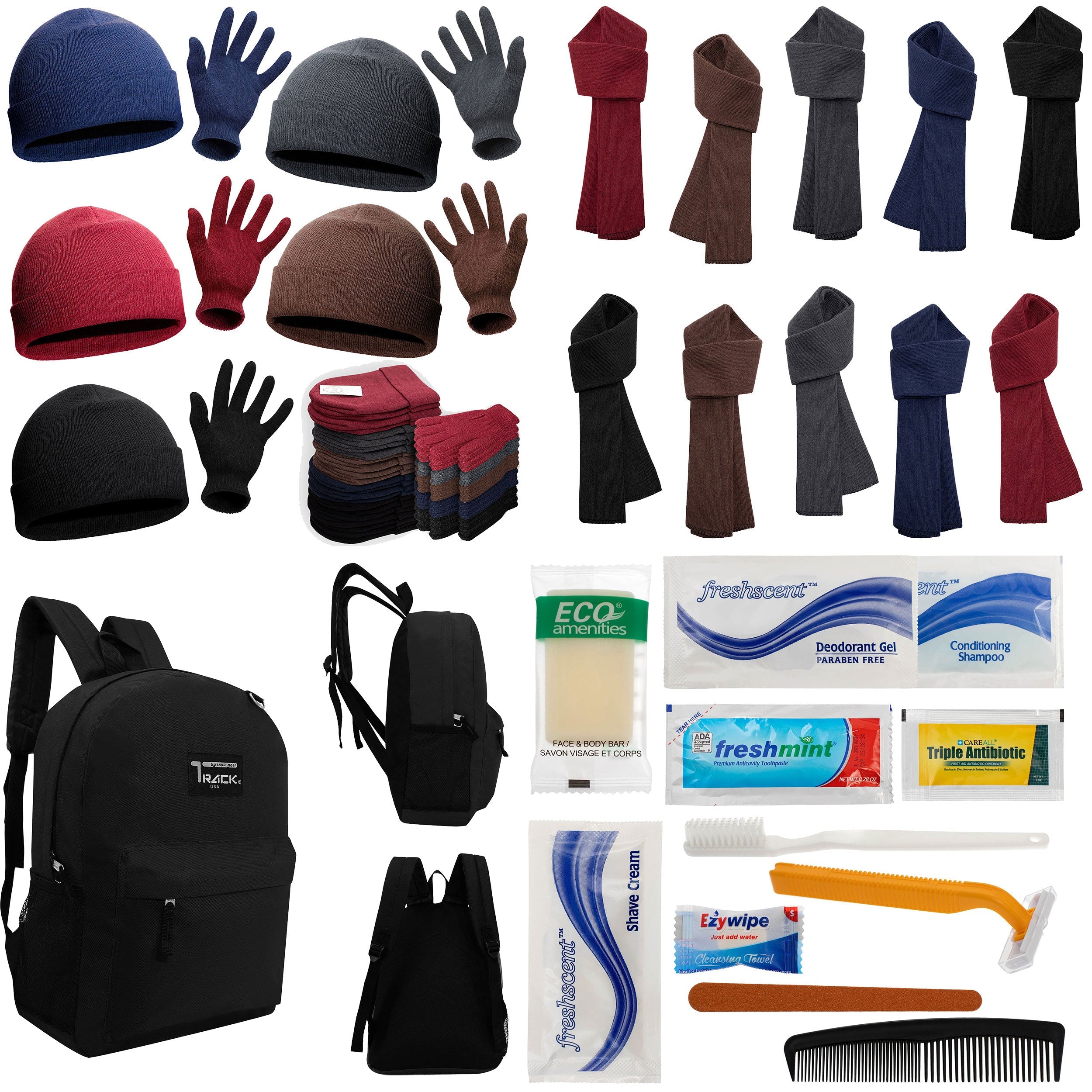12 Black 17" Backpacks with 12 Winter Item Sets & Your Choice of 12 Bulk Hygiene Kits - Wholesale Homeless Care Package