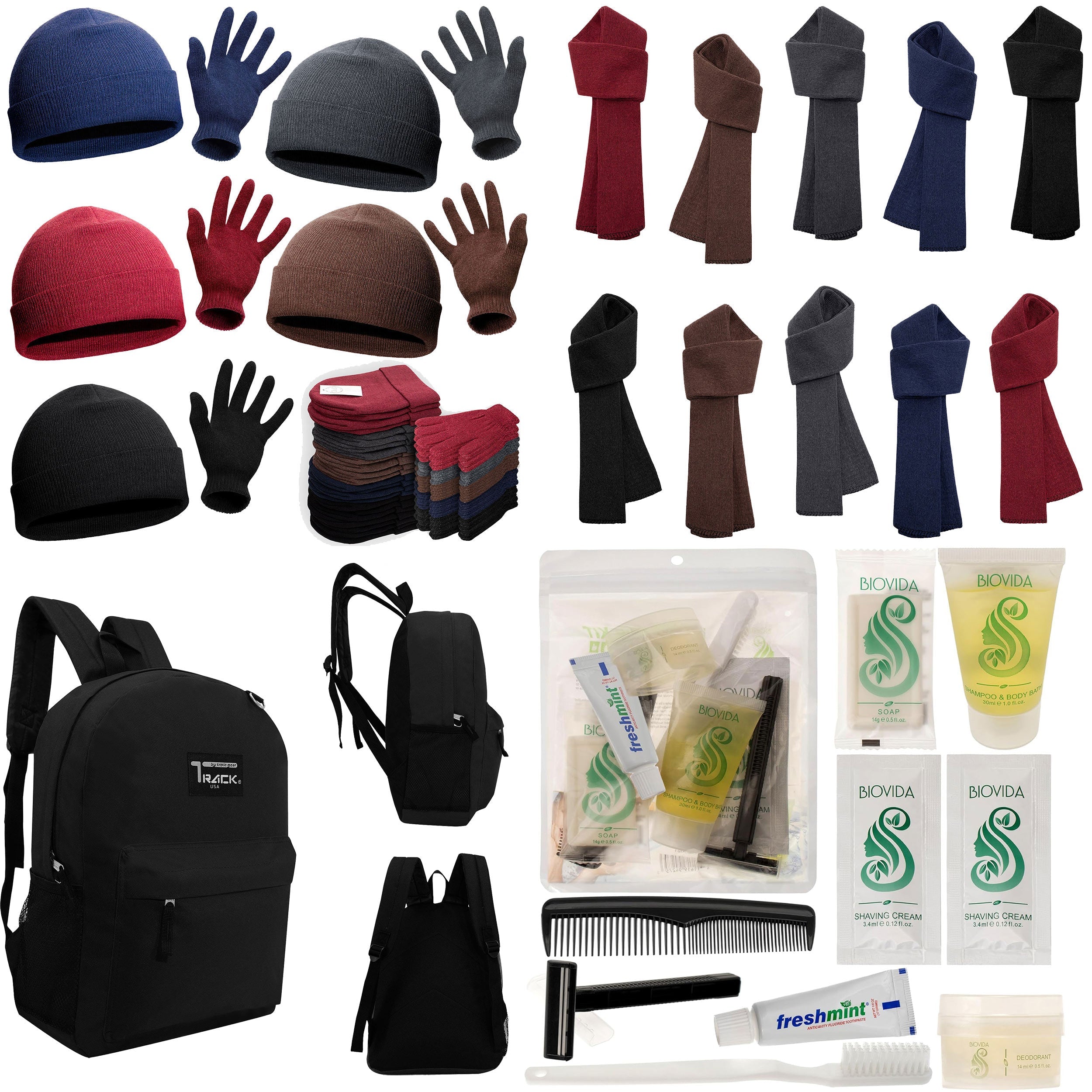 12 Black 17" Backpacks with 12 Winter Item Sets & Your Choice of 12 Bulk Hygiene Kits - Wholesale Homeless Care Package