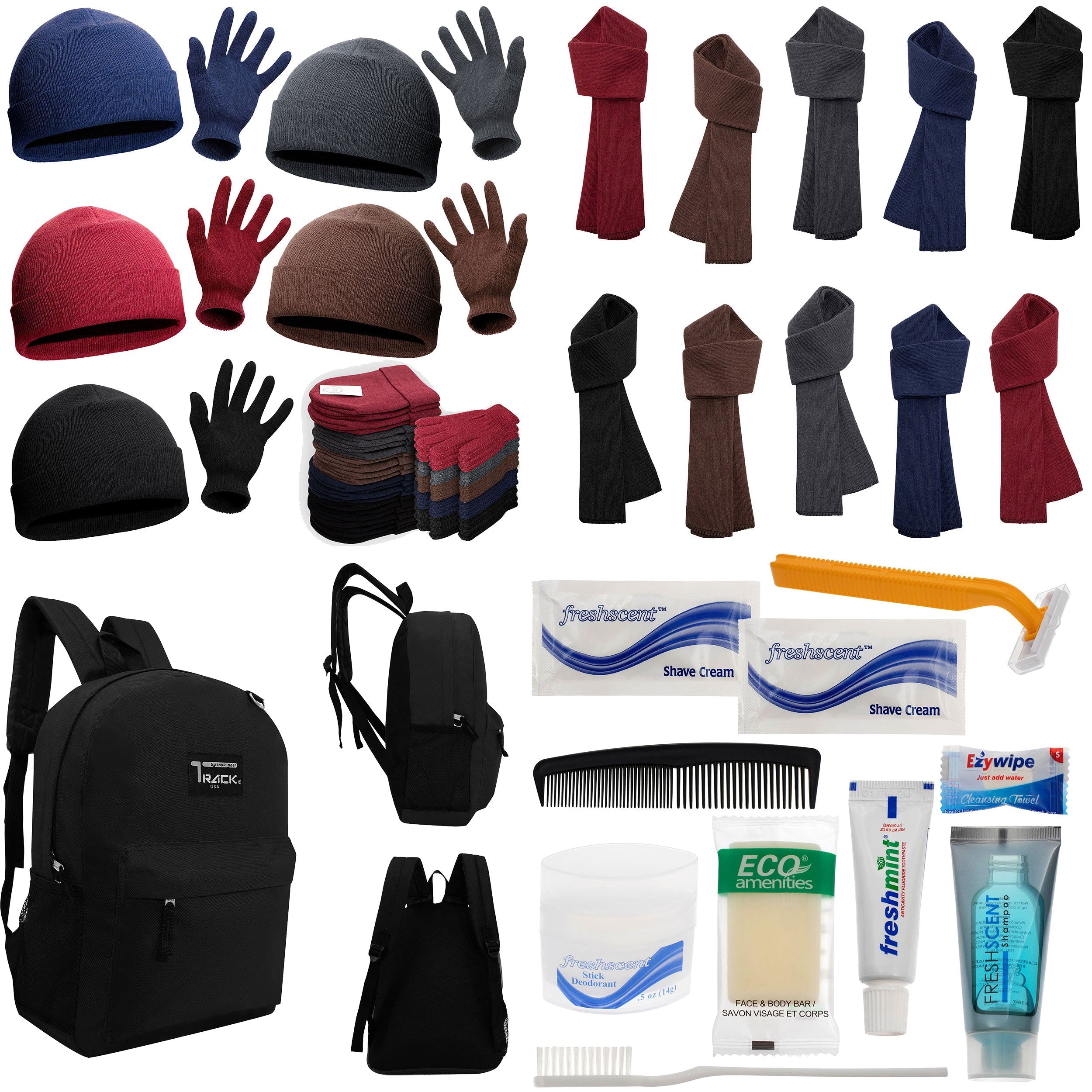 12 Black 17" Backpacks with 12 Winter Item Sets & Your Choice of 12 Bulk Hygiene Kits - Wholesale Homeless Care Package