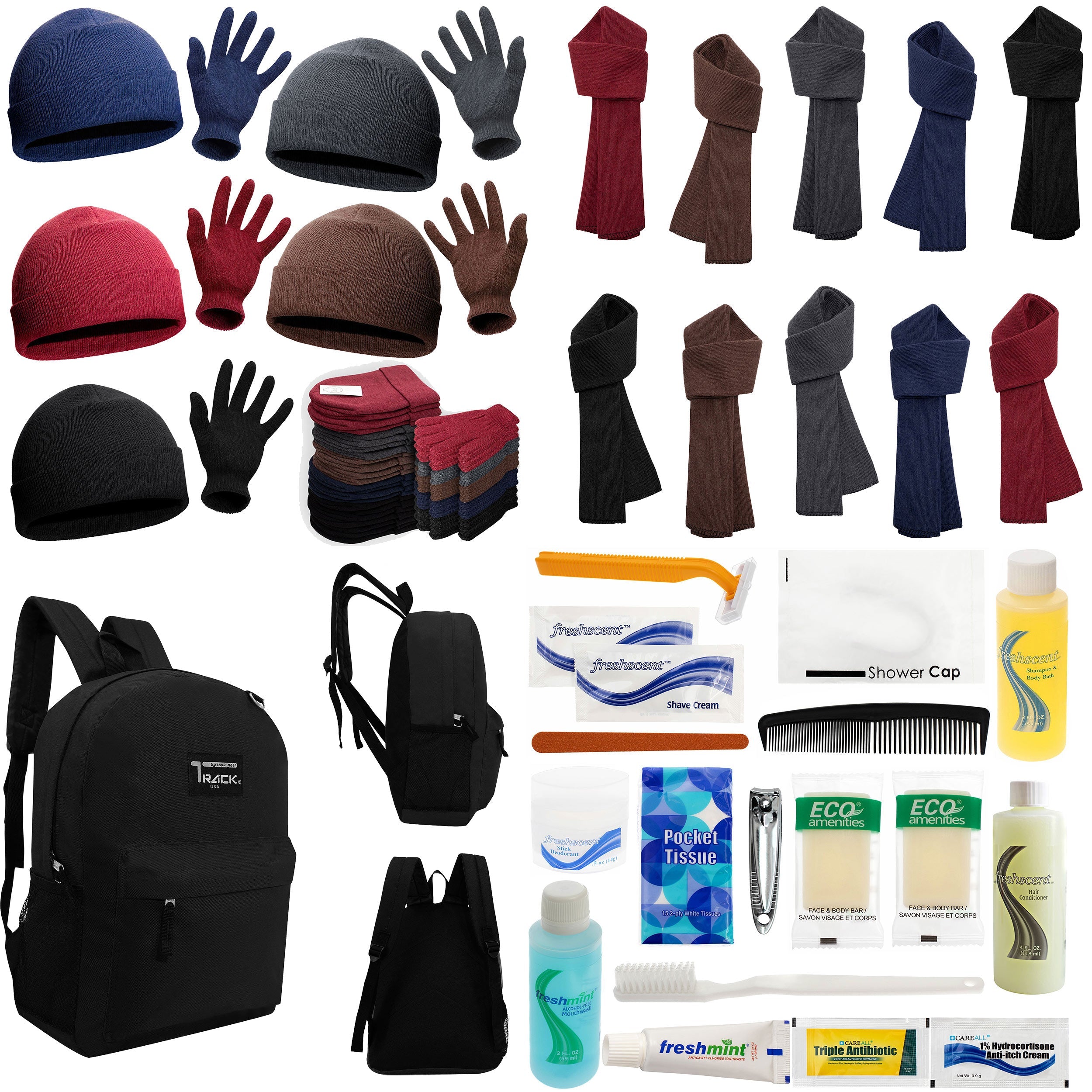 12 Black 17" Backpacks with 12 Winter Item Sets & Your Choice of 12 Bulk Hygiene Kits - Wholesale Homeless Care Package