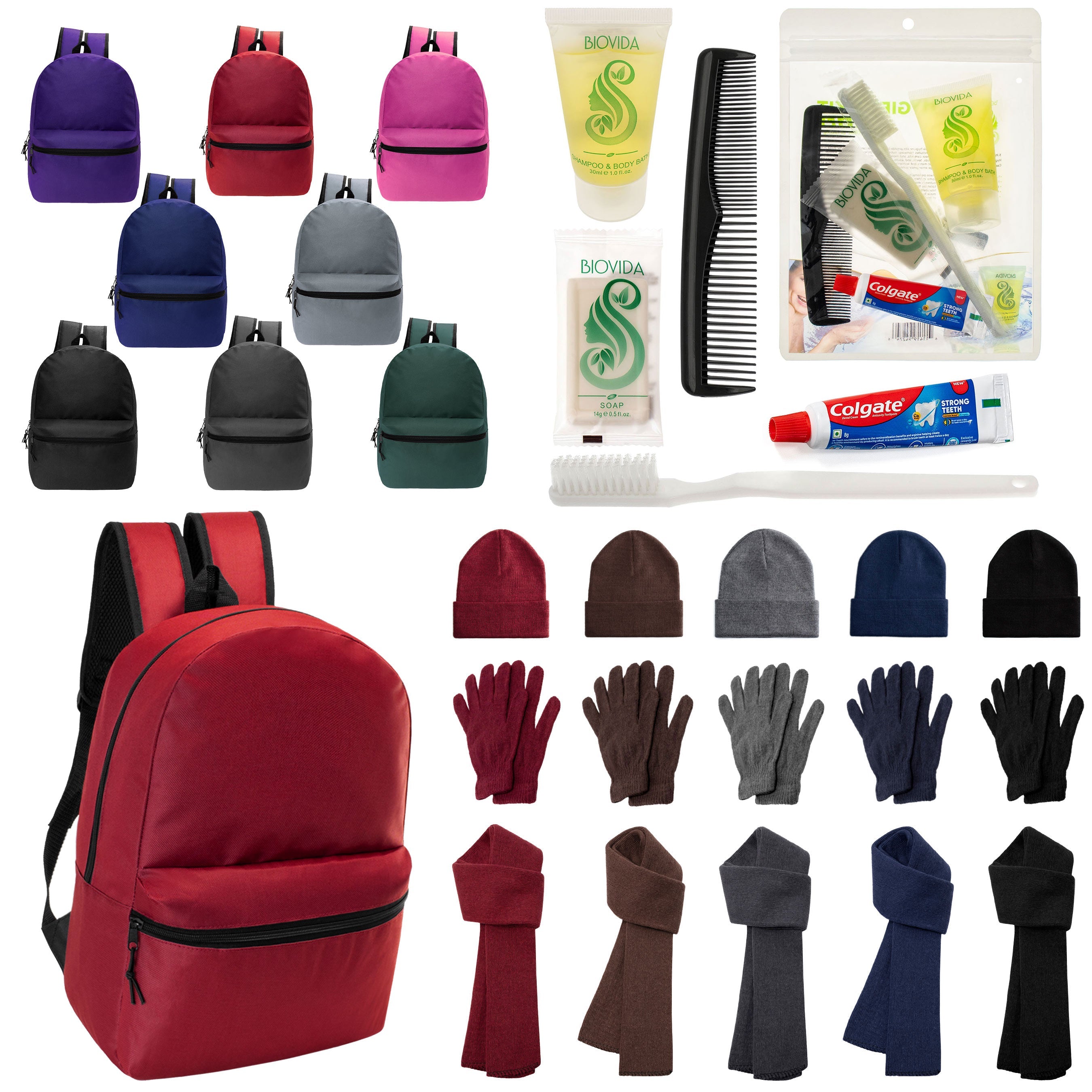12 Basic 17" Backpacks in 8 Colors, 12 Winter Item Sets & Your Choice of 12 Bulk Hygiene Kits - Wholesale Homeless Care Package