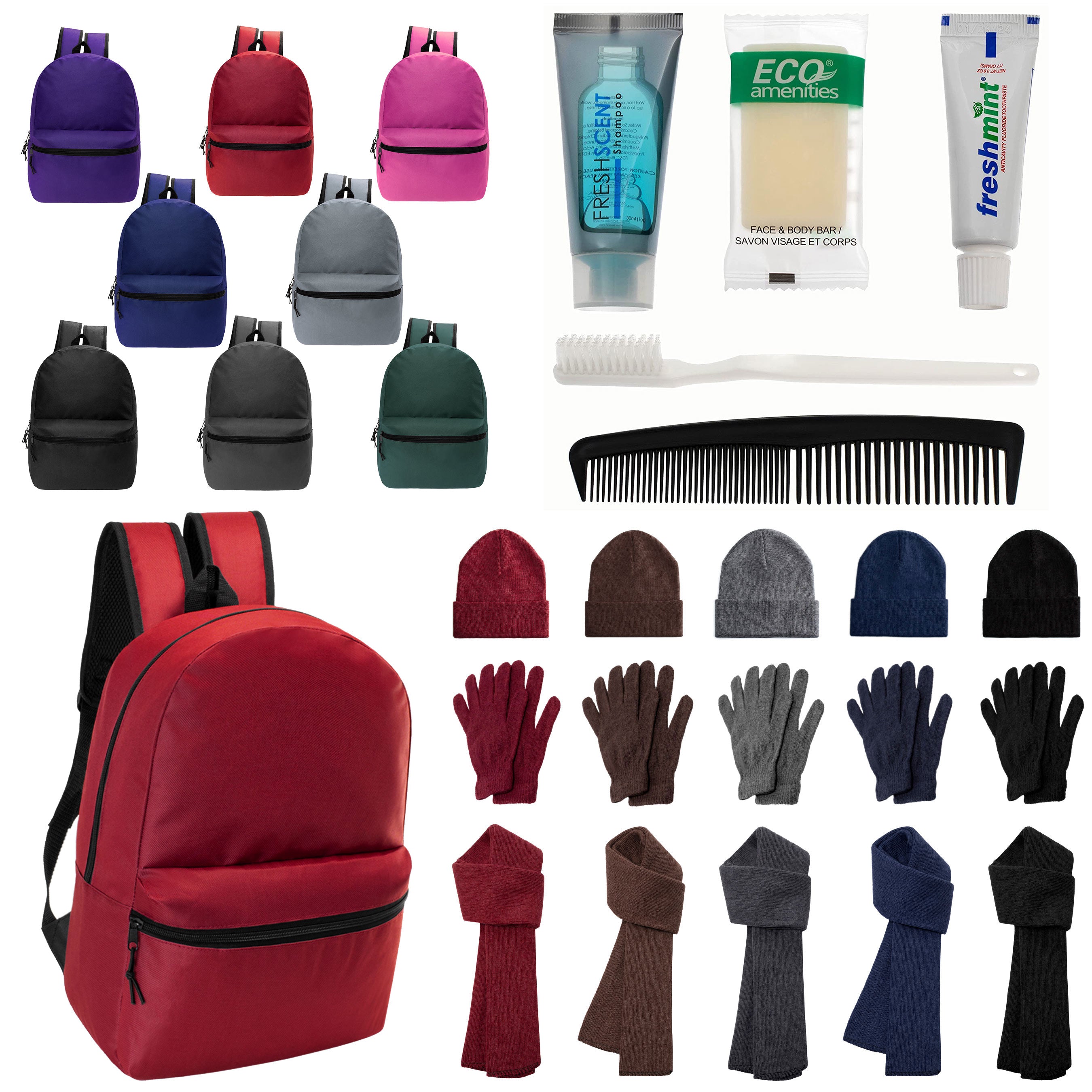 12 Basic 17" Backpacks in 8 Colors, 12 Winter Item Sets & Your Choice of 12 Bulk Hygiene Kits - Wholesale Homeless Care Package