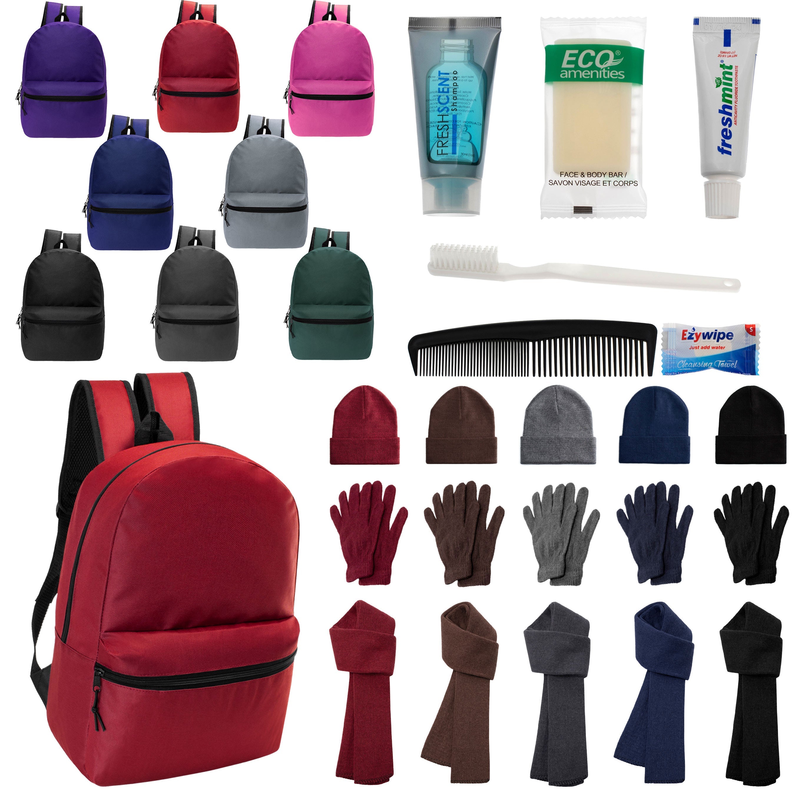 12 Basic 17" Backpacks in 8 Colors, 12 Winter Item Sets & Your Choice of 12 Bulk Hygiene Kits - Wholesale Homeless Care Package
