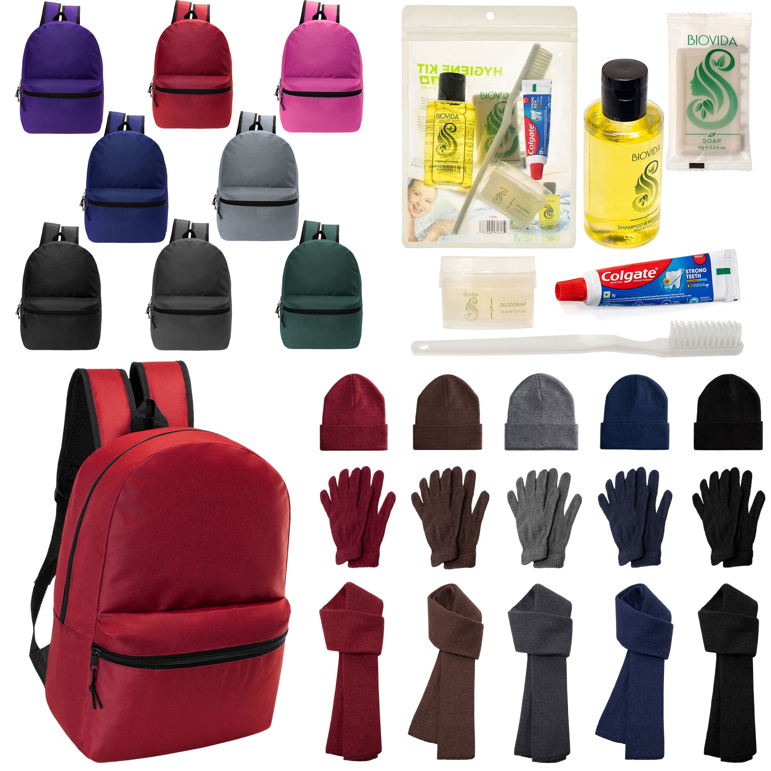 12 Basic 17" Backpacks in 8 Colors, 12 Winter Item Sets & Your Choice of 12 Bulk Hygiene Kits - Wholesale Homeless Care Package