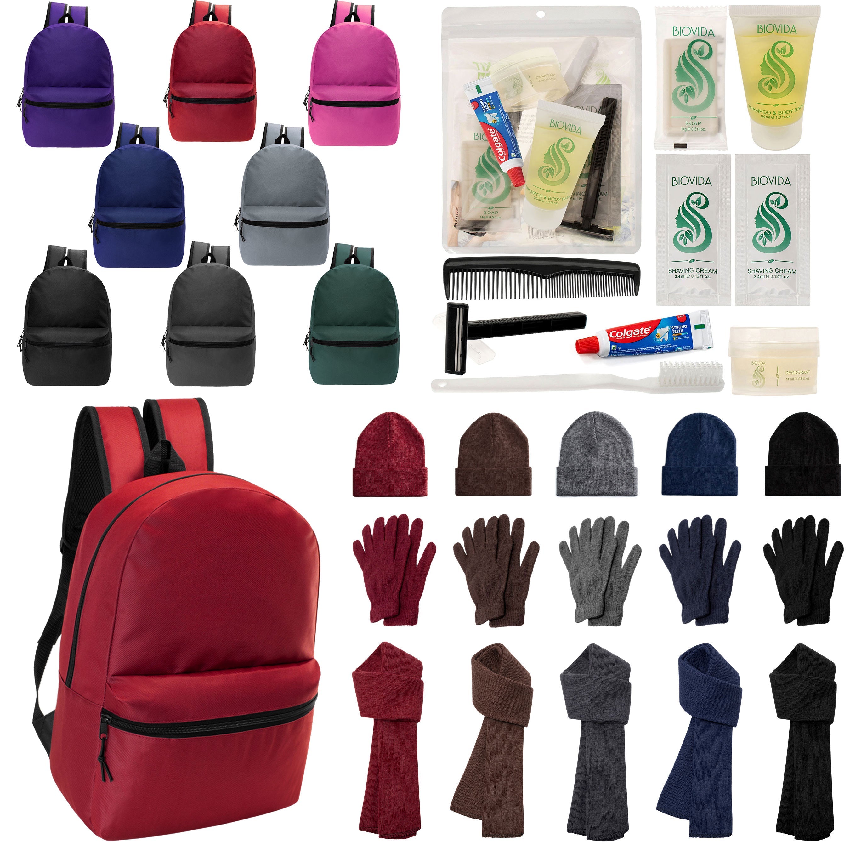 12 Basic 17" Backpacks in 8 Colors, 12 Winter Item Sets & Your Choice of 12 Bulk Hygiene Kits - Wholesale Homeless Care Package