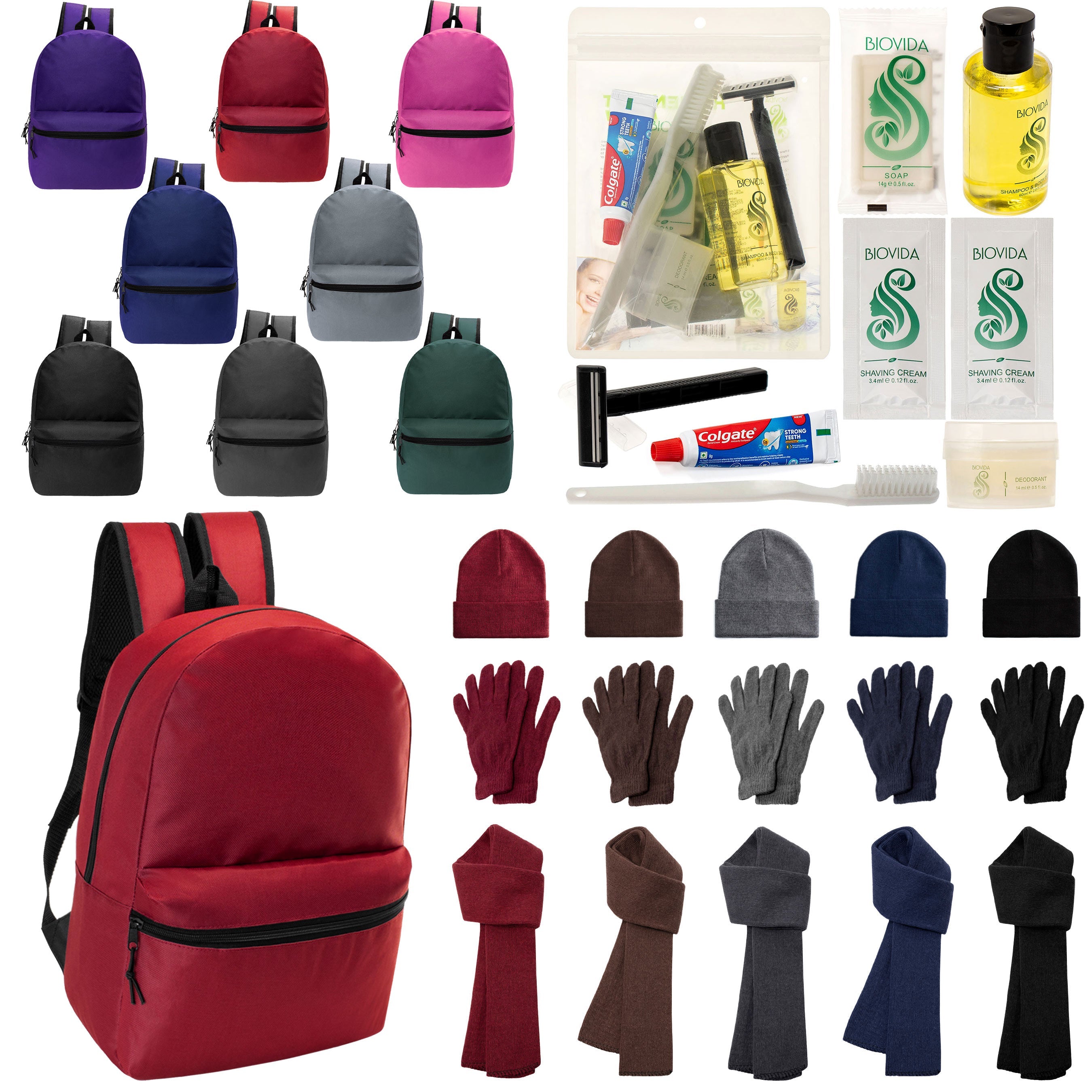 12 Basic 17" Backpacks in 8 Colors, 12 Winter Item Sets & Your Choice of 12 Bulk Hygiene Kits - Wholesale Homeless Care Package