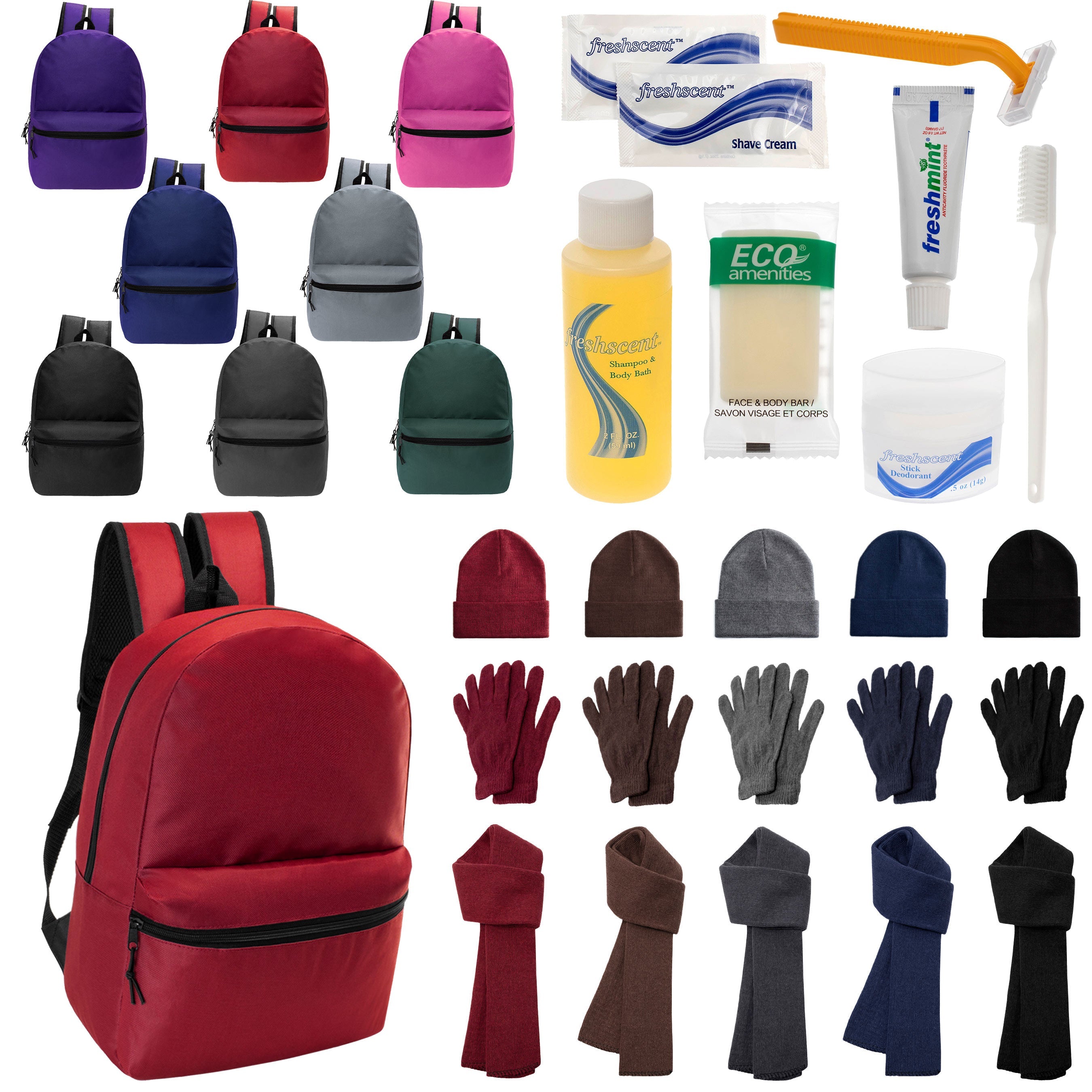 12 Basic 17" Backpacks in 8 Colors, 12 Winter Item Sets & Your Choice of 12 Bulk Hygiene Kits - Wholesale Homeless Care Package