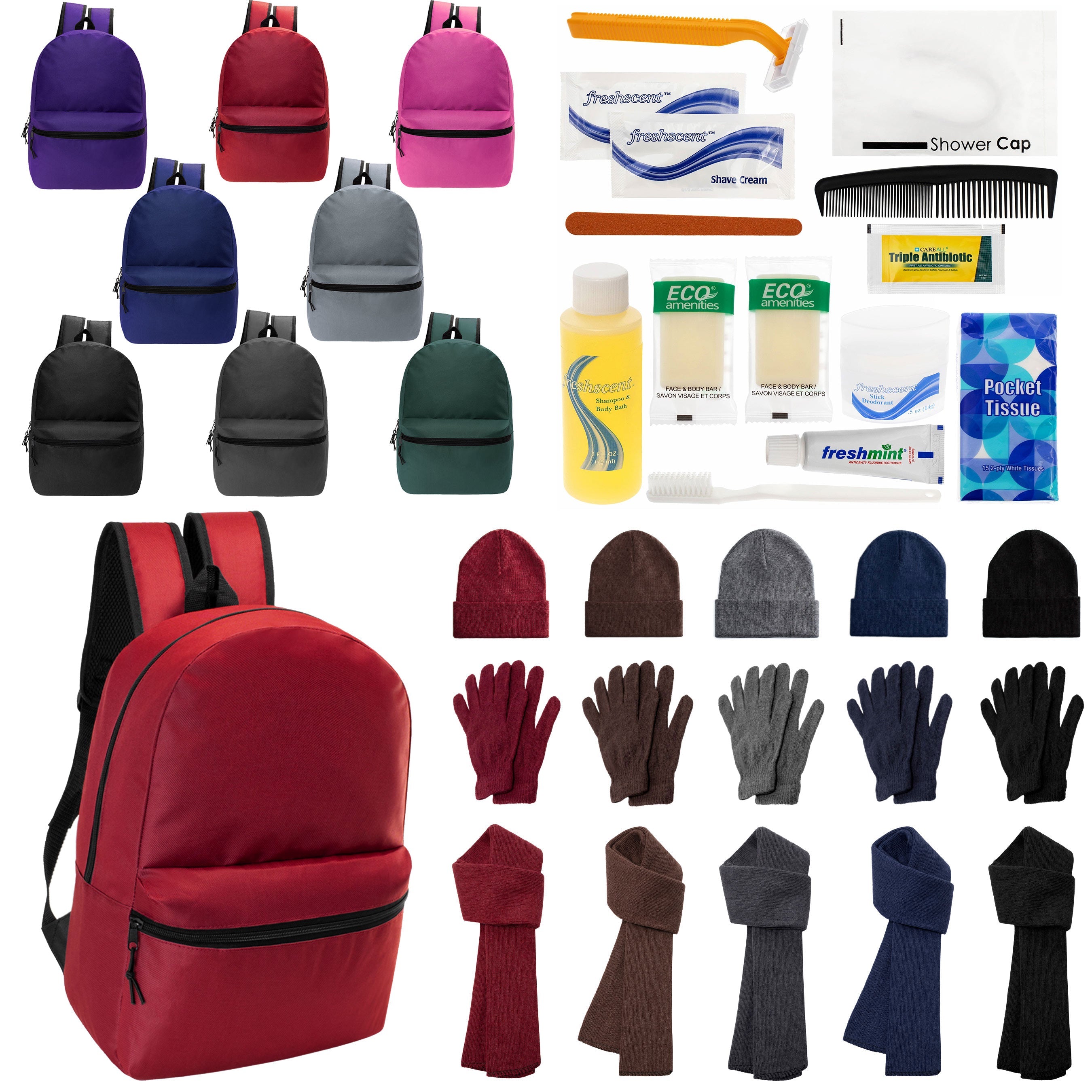 12 Basic 17" Backpacks in 8 Colors, 12 Winter Item Sets & Your Choice of 12 Bulk Hygiene Kits - Wholesale Homeless Care Package