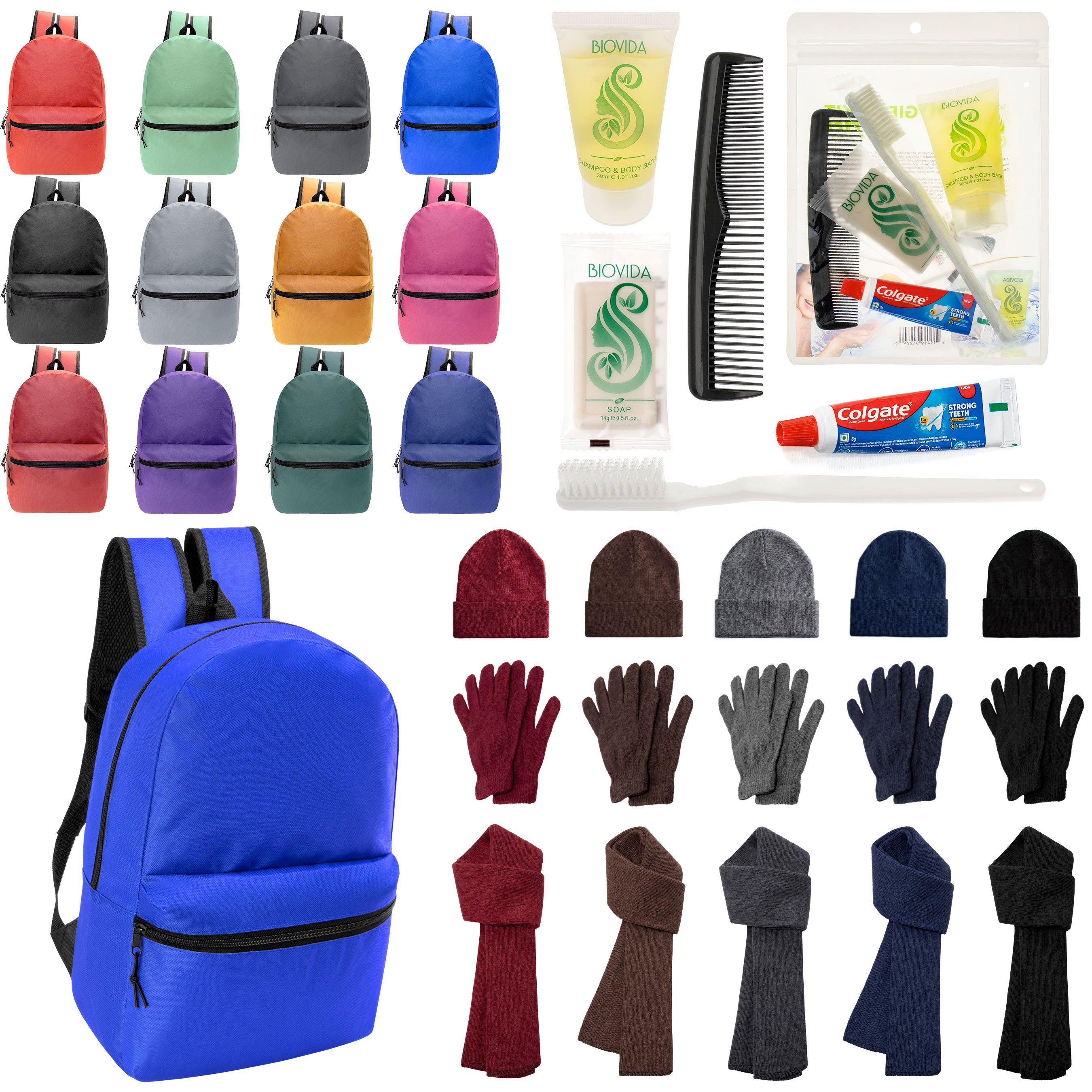 12 Basic 18.5" Backpacks in 12 Colors, 12 Winter Item Sets & Your Choice of 12 Bulk Hygiene Kits - Wholesale Homeless Care Package