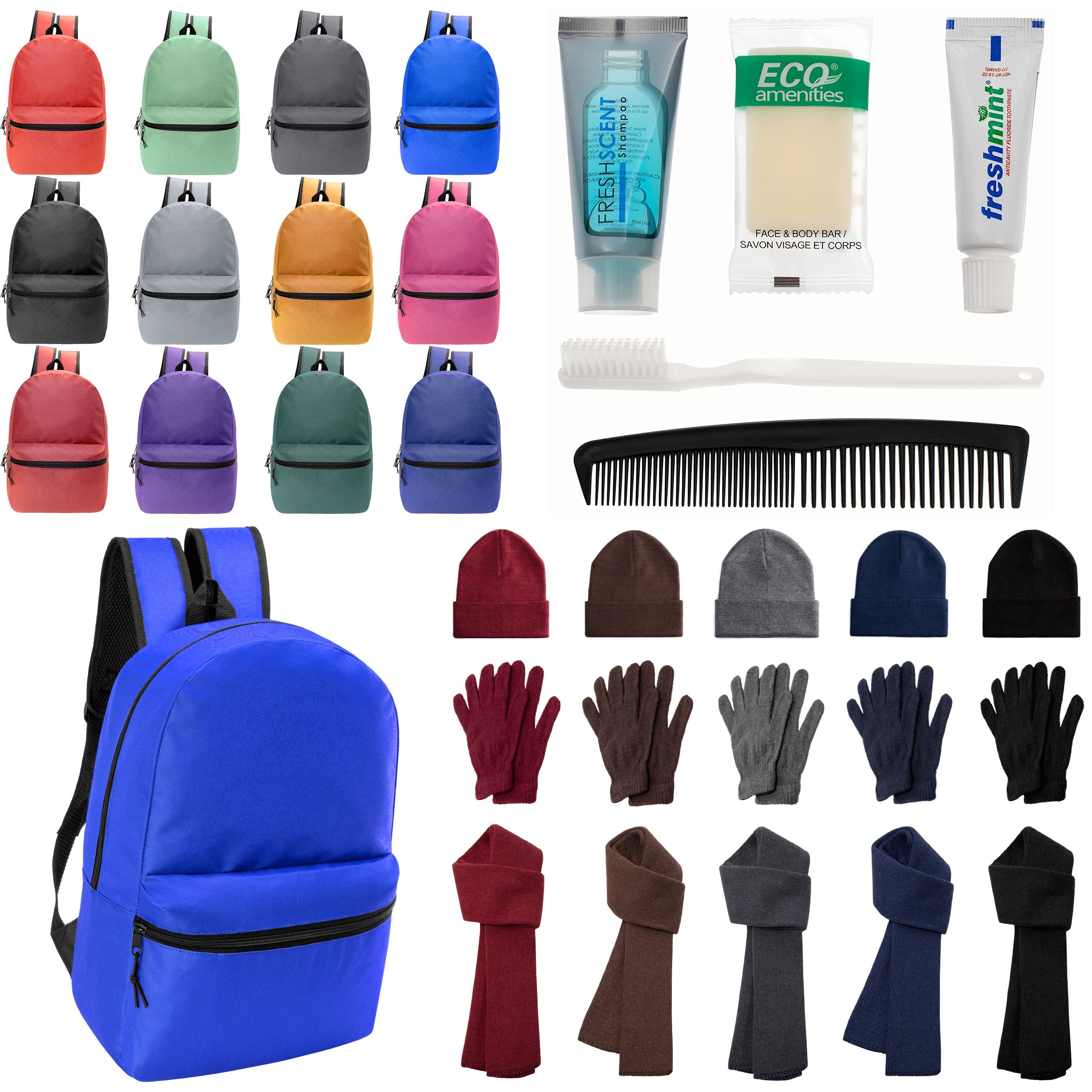 12 Basic 18.5" Backpacks in 12 Colors, 12 Winter Item Sets & Your Choice of 12 Bulk Hygiene Kits - Wholesale Homeless Care Package