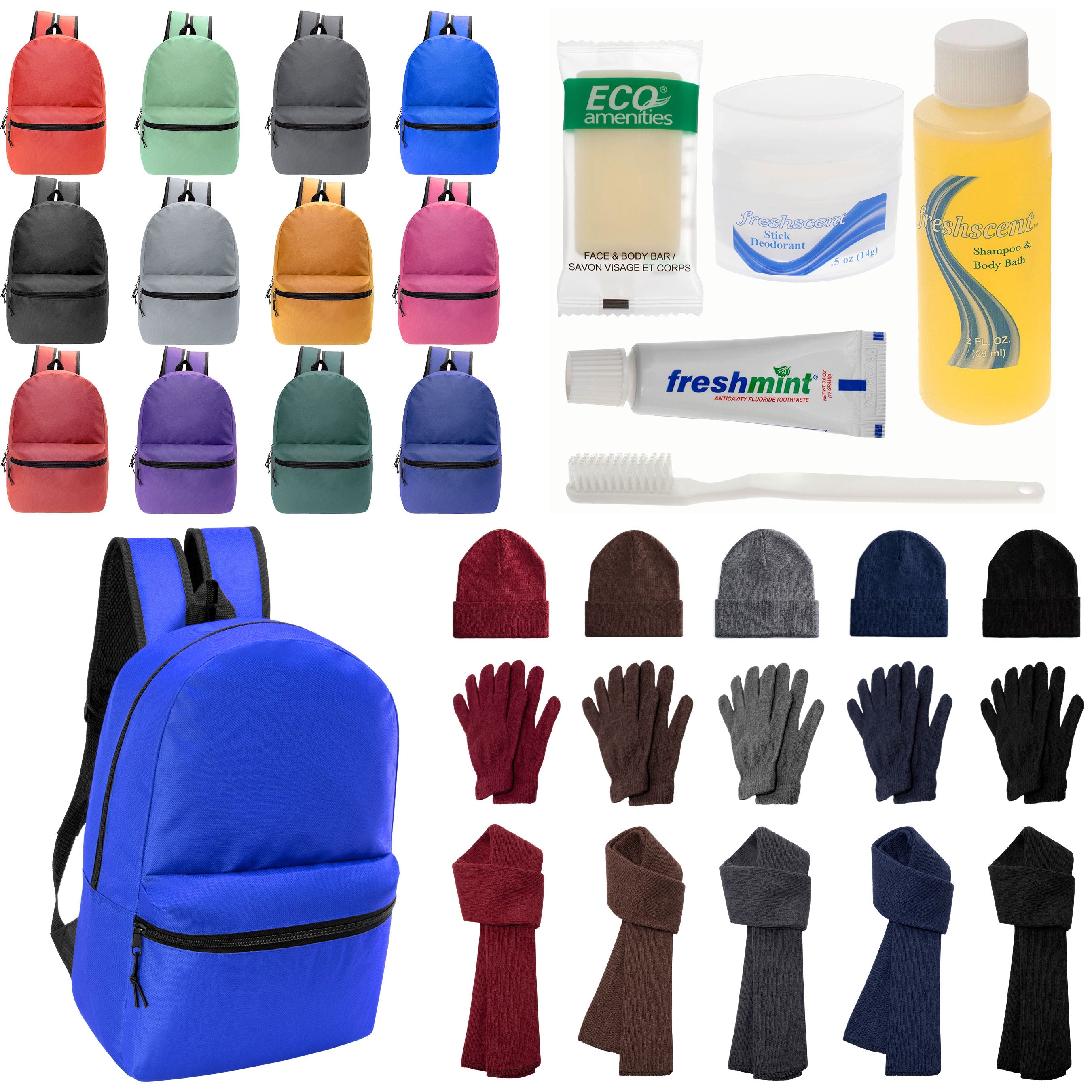 12 Basic 18.5" Backpacks in 12 Colors, 12 Winter Item Sets & Your Choice of 12 Bulk Hygiene Kits - Wholesale Homeless Care Package