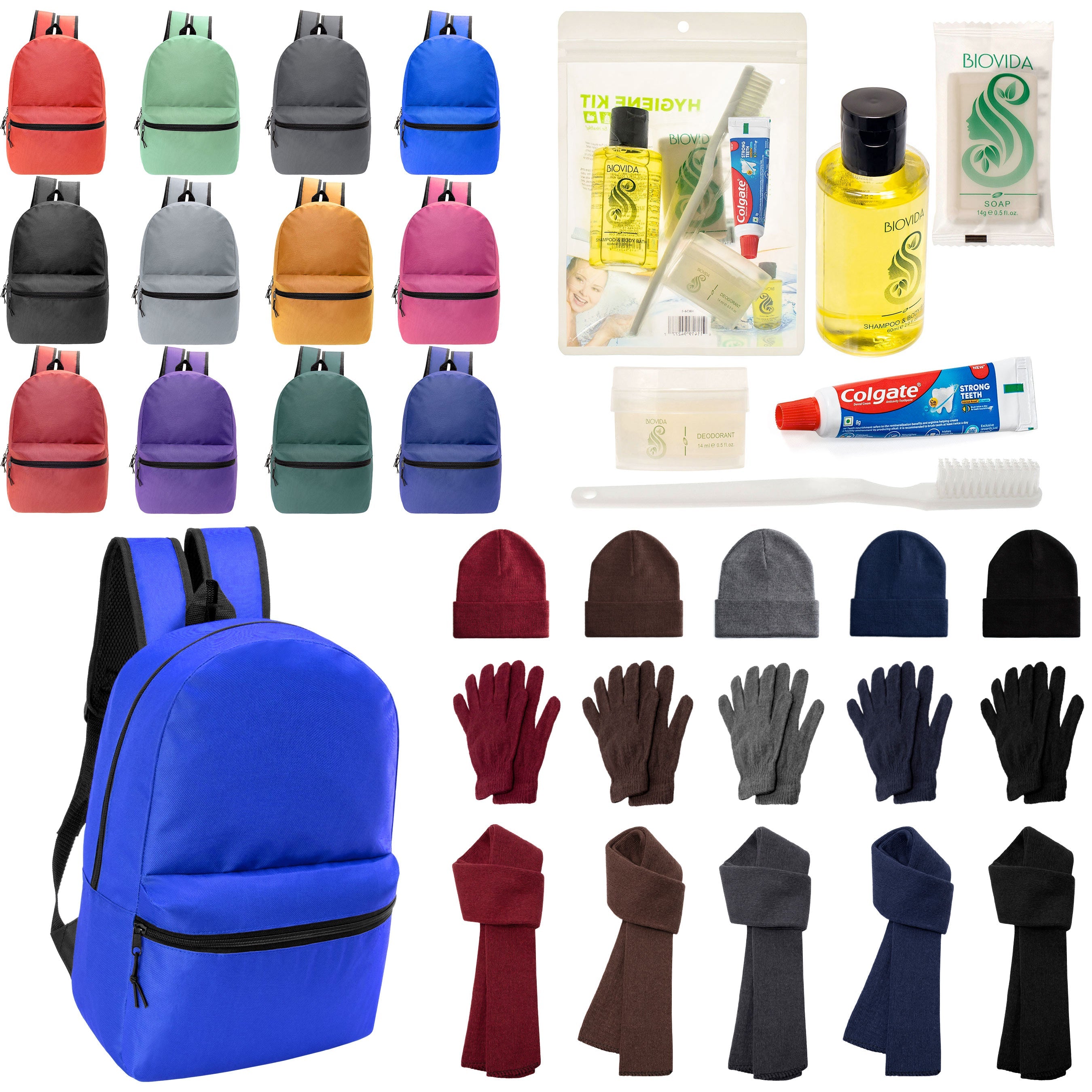 12 Basic 18.5" Backpacks in 12 Colors, 12 Winter Item Sets & Your Choice of 12 Bulk Hygiene Kits - Wholesale Homeless Care Package