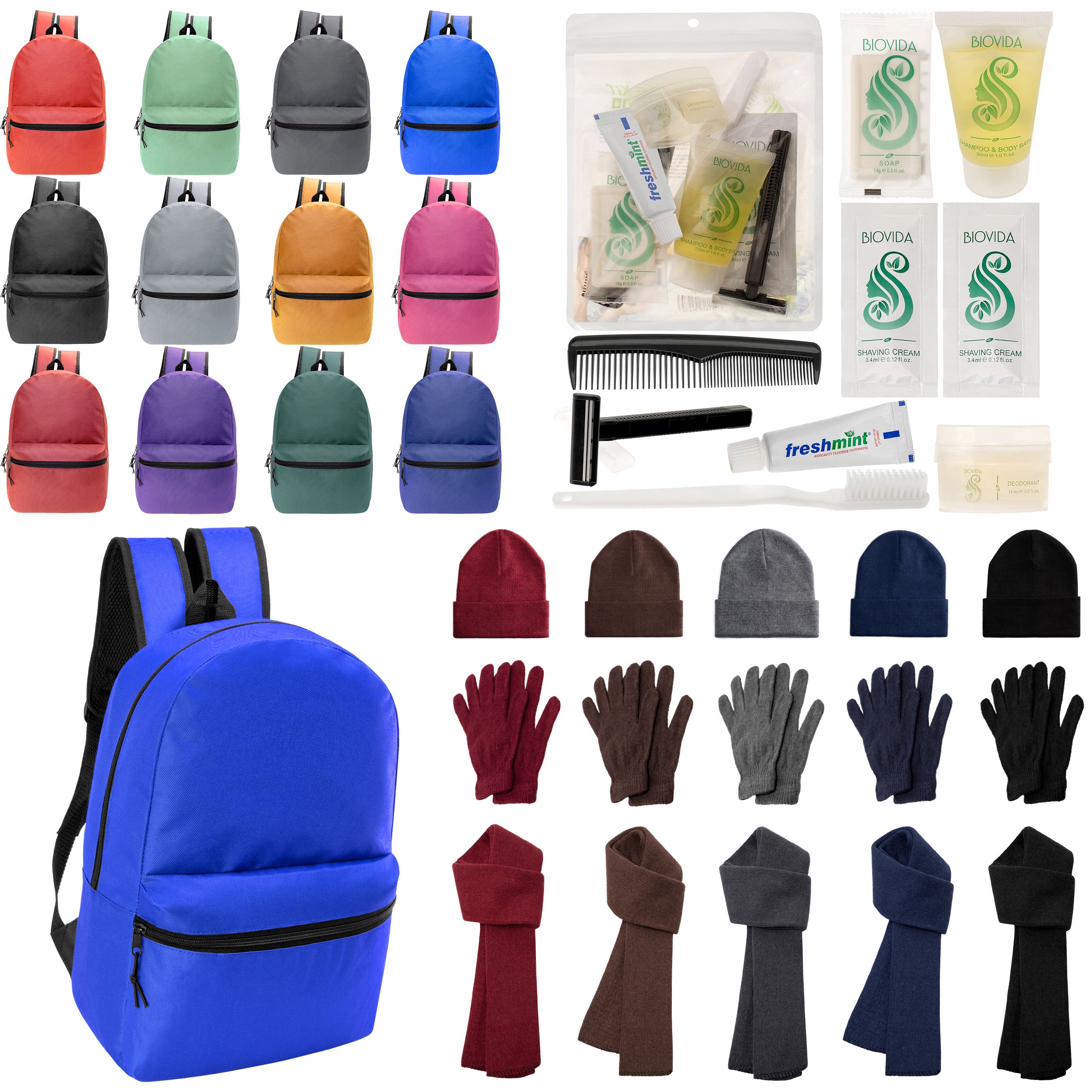 12 Basic 18.5" Backpacks in 12 Colors, 12 Winter Item Sets & Your Choice of 12 Bulk Hygiene Kits - Wholesale Homeless Care Package