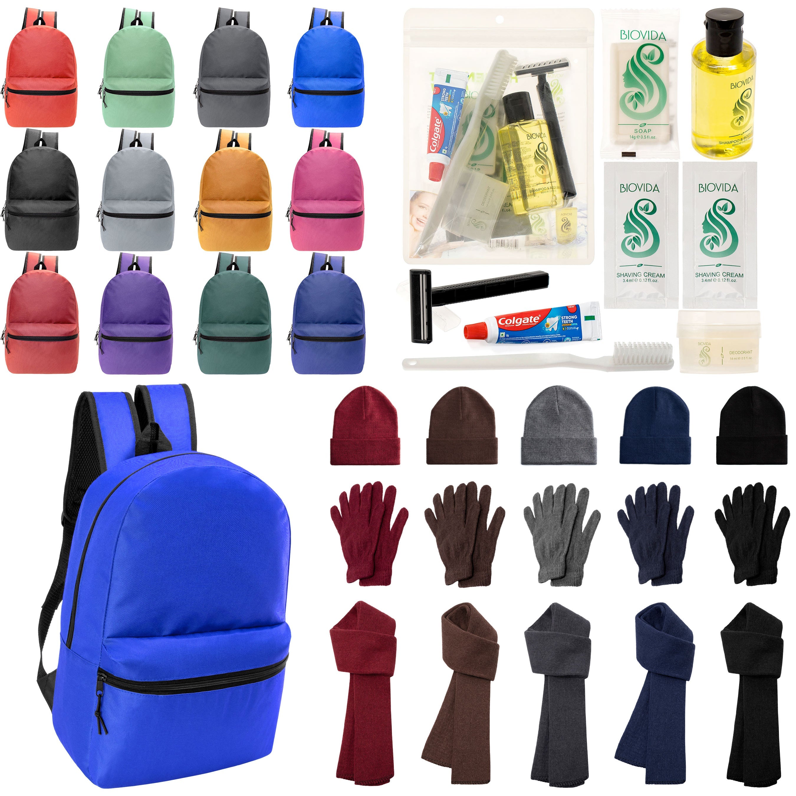 12 Basic 18.5" Backpacks in 12 Colors, 12 Winter Item Sets & Your Choice of 12 Bulk Hygiene Kits - Wholesale Homeless Care Package