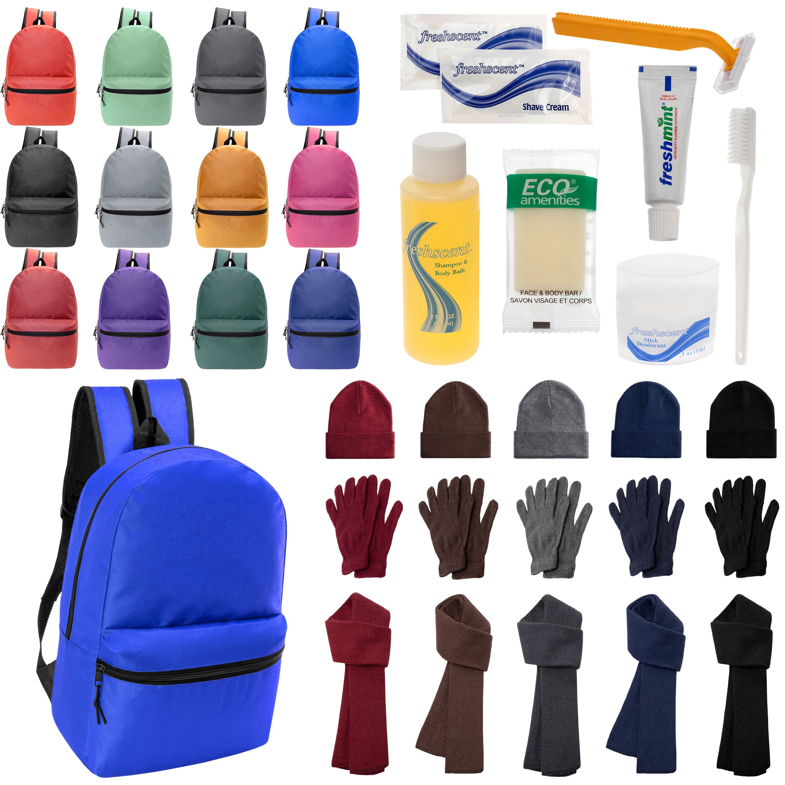 12 Basic 18.5" Backpacks in 12 Colors, 12 Winter Item Sets & Your Choice of 12 Bulk Hygiene Kits - Wholesale Homeless Care Package