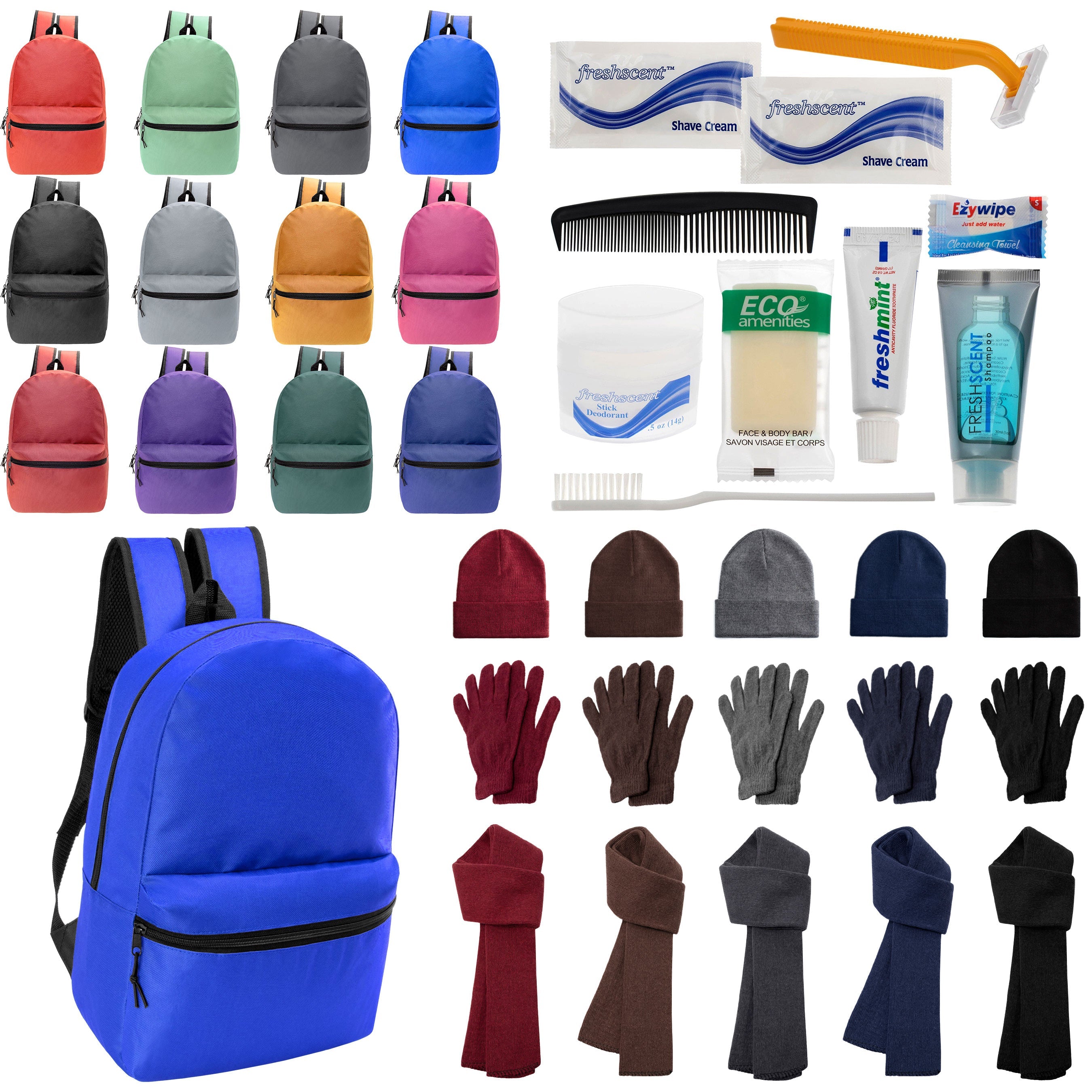 12 Basic 18.5" Backpacks in 12 Colors, 12 Winter Item Sets & Your Choice of 12 Bulk Hygiene Kits - Wholesale Homeless Care Package