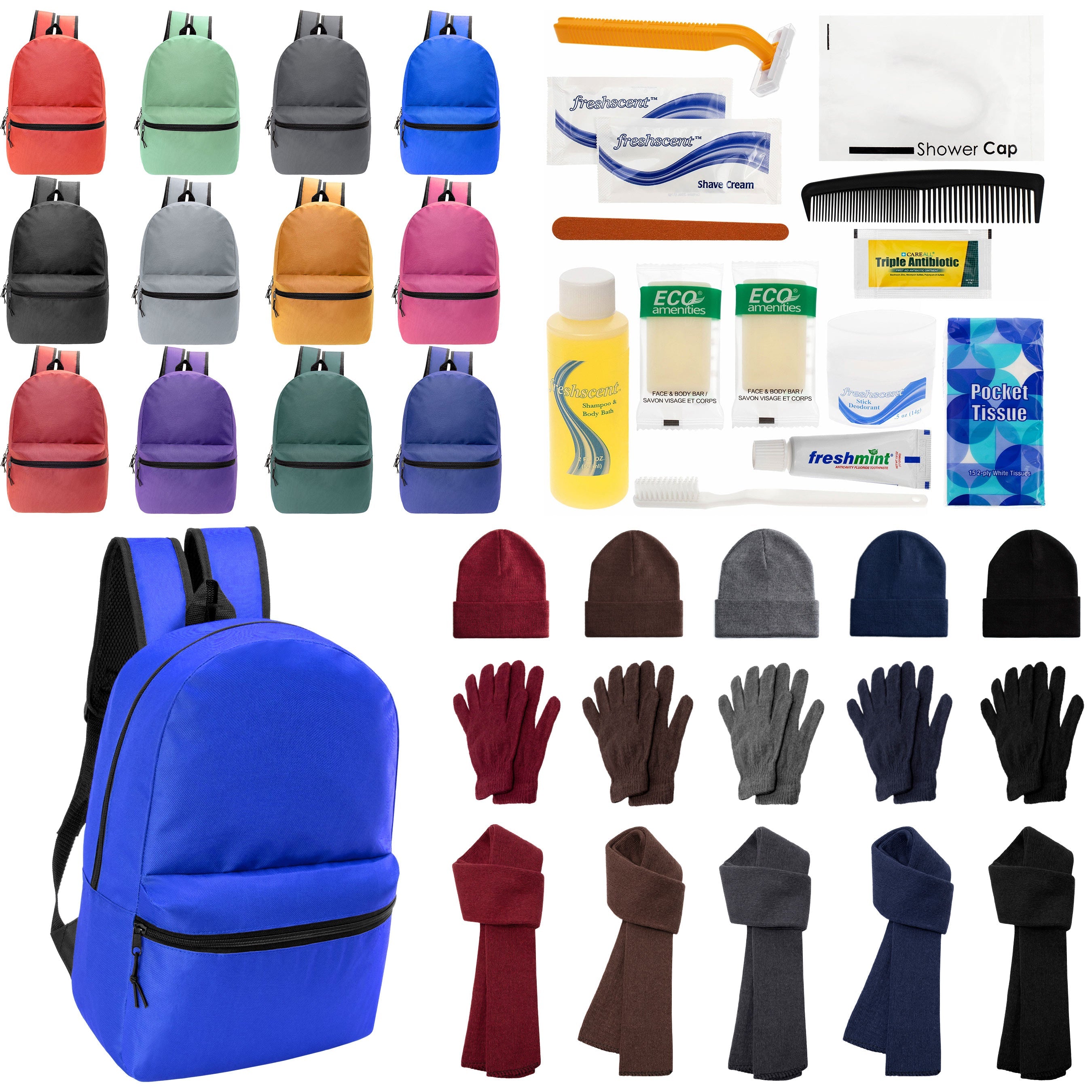 12 Basic 18.5" Backpacks in 12 Colors, 12 Winter Item Sets & Your Choice of 12 Bulk Hygiene Kits - Wholesale Homeless Care Package
