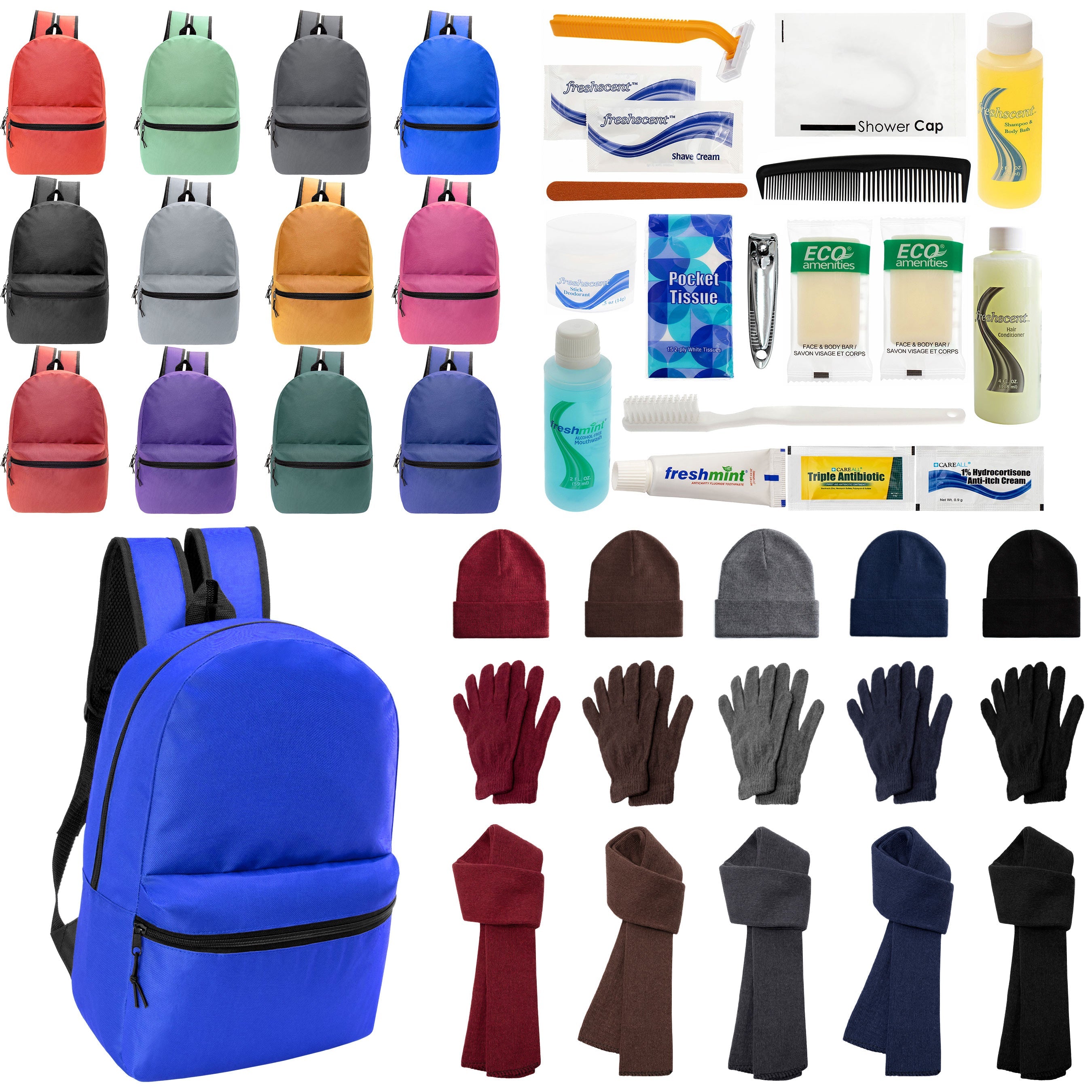 12 Basic 18.5" Backpacks in 12 Colors, 12 Winter Item Sets & Your Choice of 12 Bulk Hygiene Kits - Wholesale Homeless Care Package