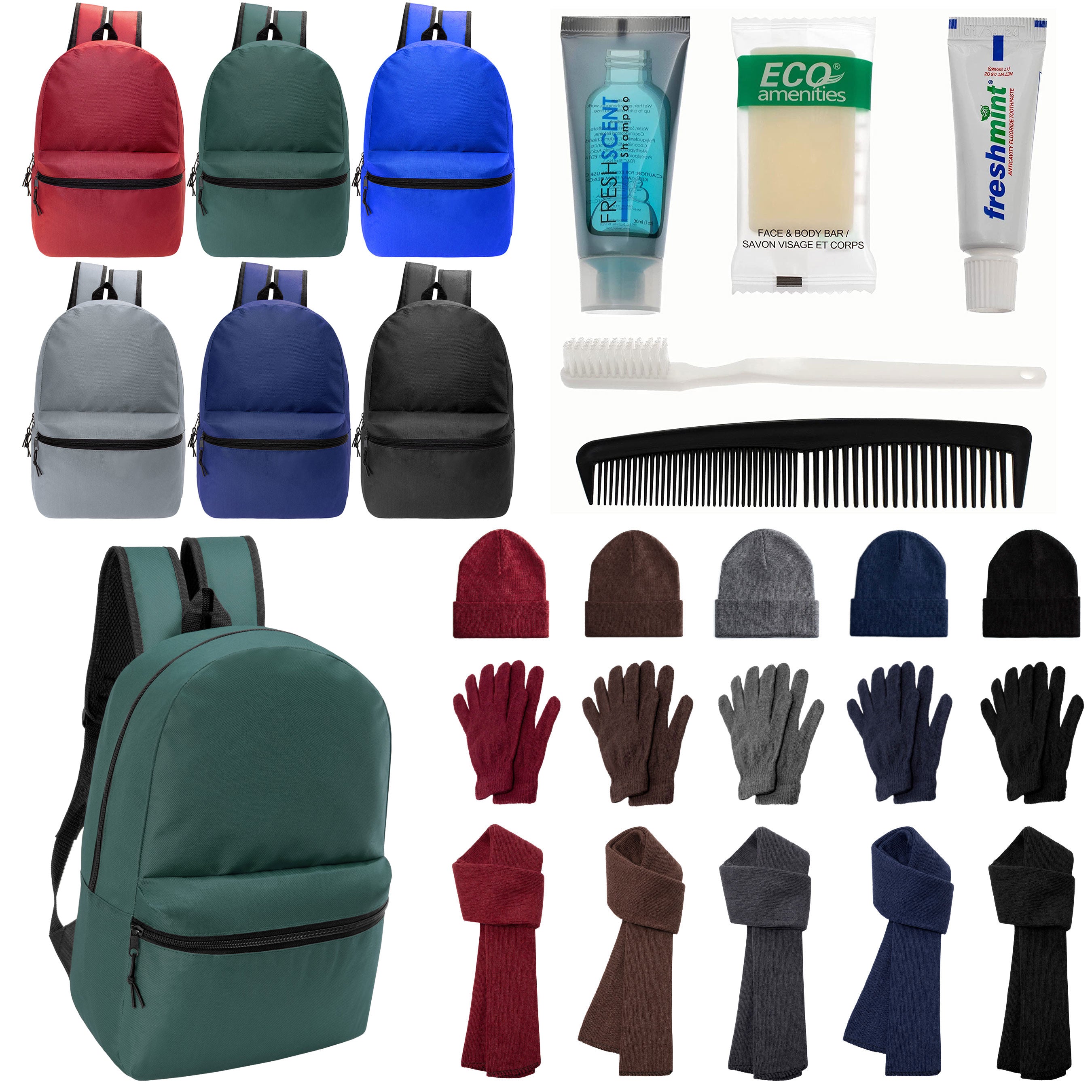 12 Basic 18.5" Backpacks in 6 Colors, 12 Winter Item Sets & Your Choice of 12 Bulk Hygiene Kits - Wholesale Homeless Care Package