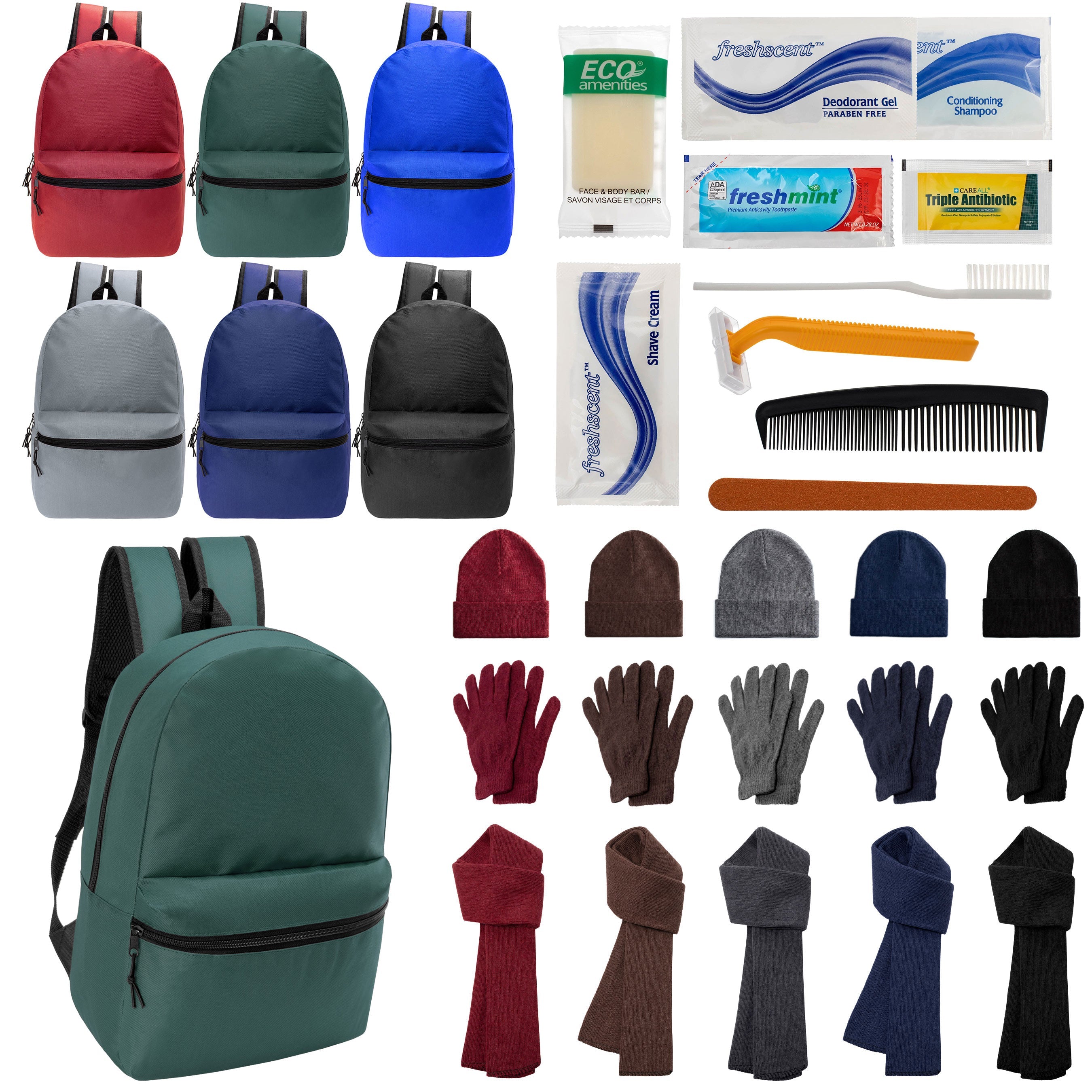 12 Basic 18.5" Backpacks in 6 Colors, 12 Winter Item Sets & Your Choice of 12 Bulk Hygiene Kits - Wholesale Homeless Care Package