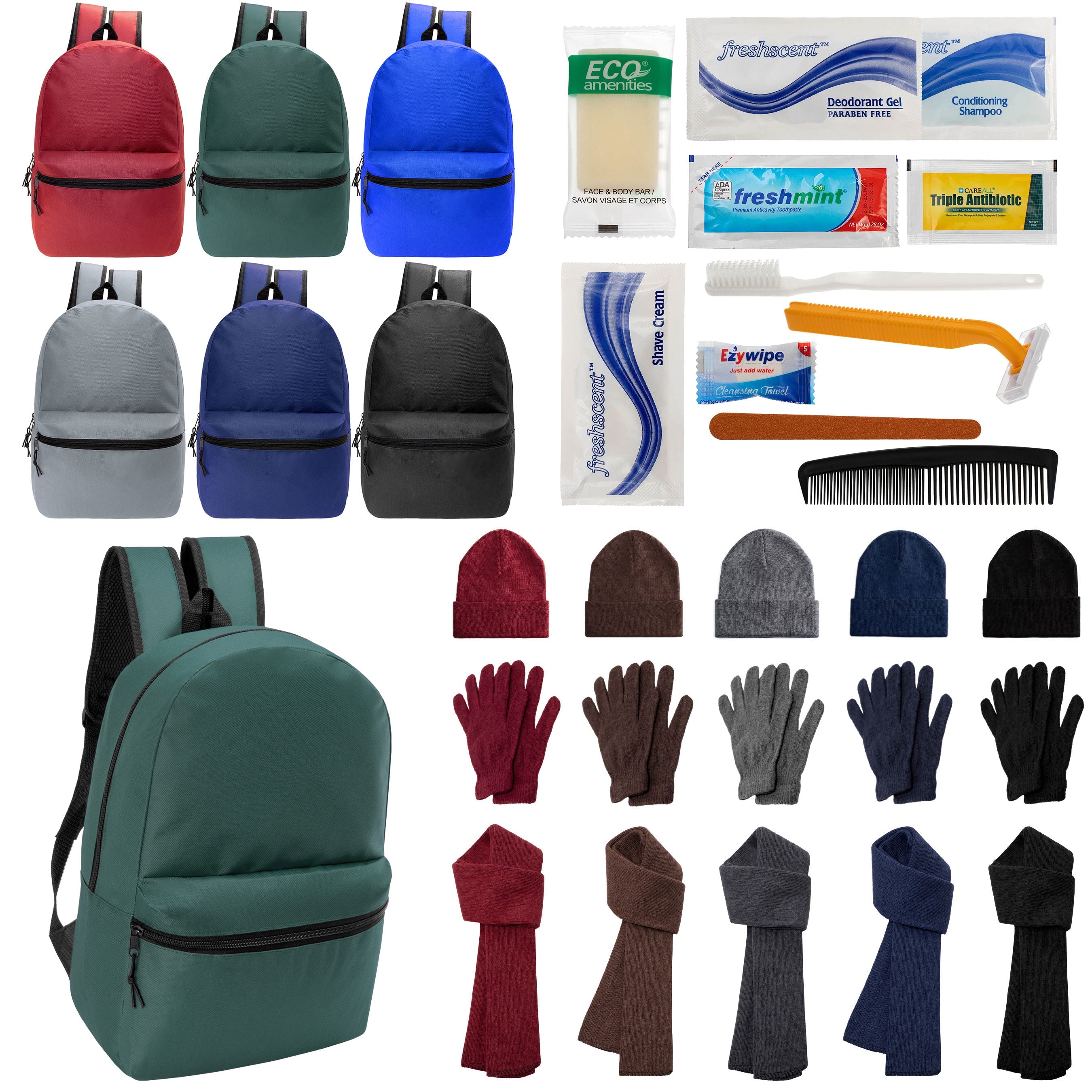 12 Basic 18.5" Backpacks in 6 Colors, 12 Winter Item Sets & Your Choice of 12 Bulk Hygiene Kits - Wholesale Homeless Care Package