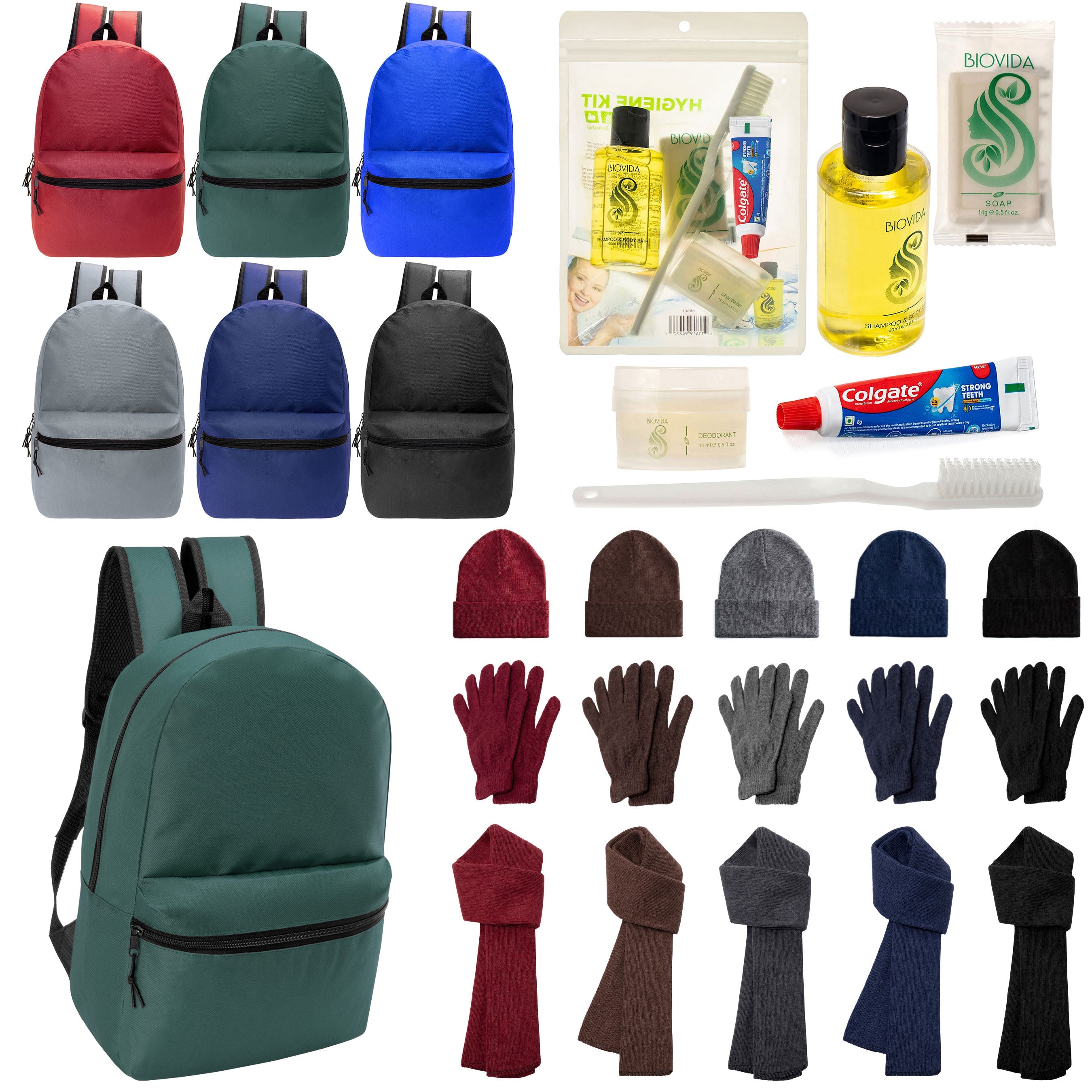 12 Basic 18.5" Backpacks in 6 Colors, 12 Winter Item Sets & Your Choice of 12 Bulk Hygiene Kits - Wholesale Homeless Care Package