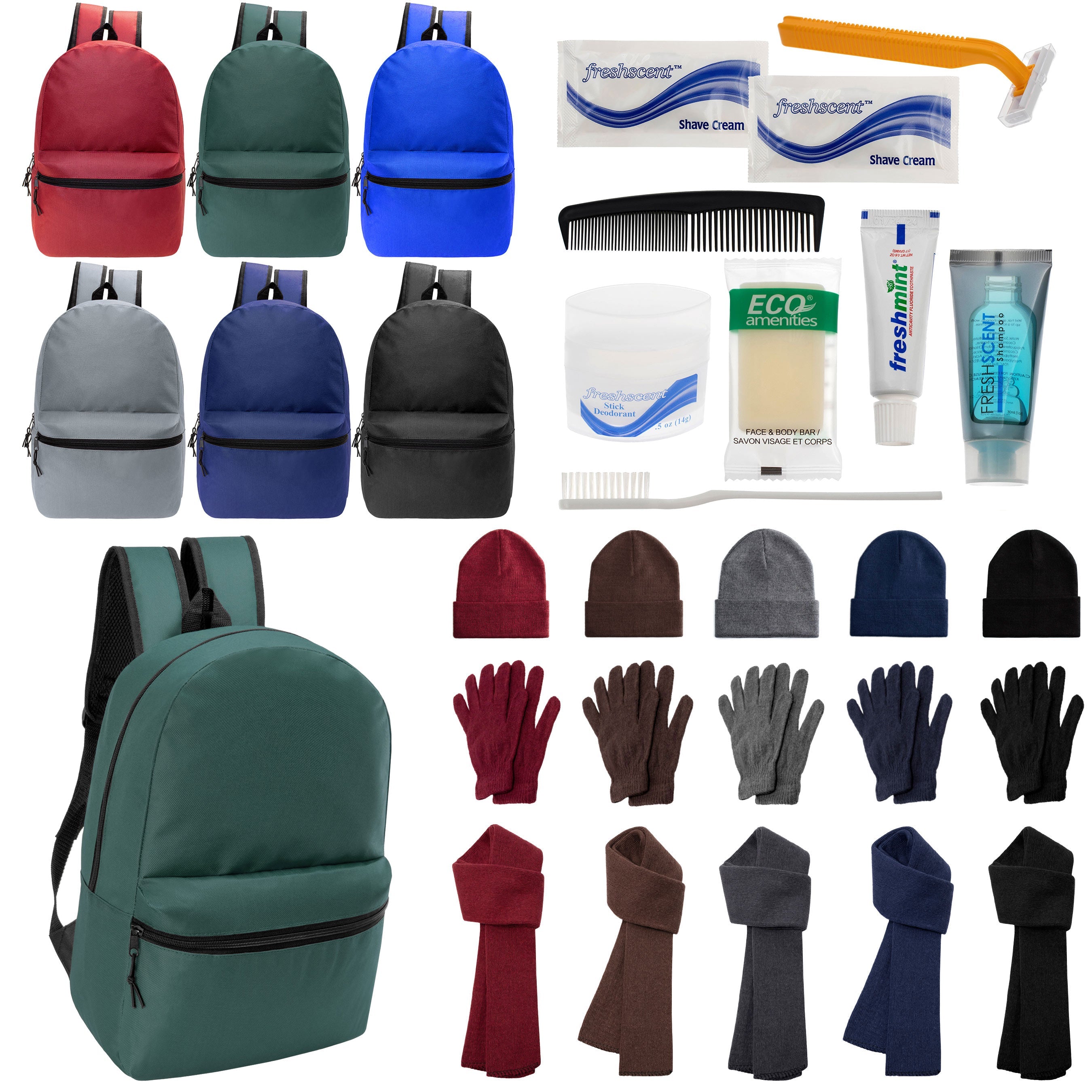 12 Basic 18.5" Backpacks in 6 Colors, 12 Winter Item Sets & Your Choice of 12 Bulk Hygiene Kits - Wholesale Homeless Care Package