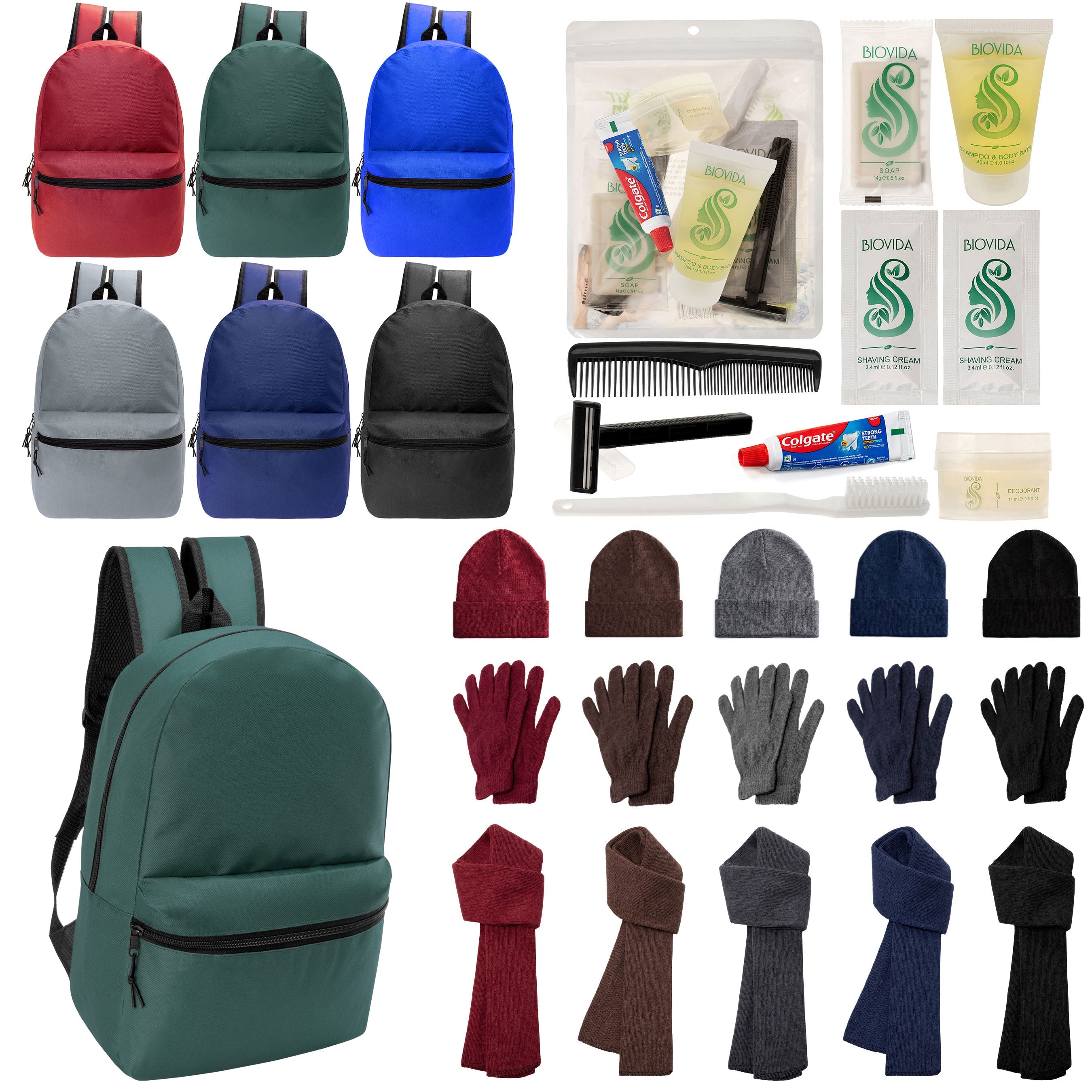 12 Basic 18.5" Backpacks in 6 Colors, 12 Winter Item Sets & Your Choice of 12 Bulk Hygiene Kits - Wholesale Homeless Care Package