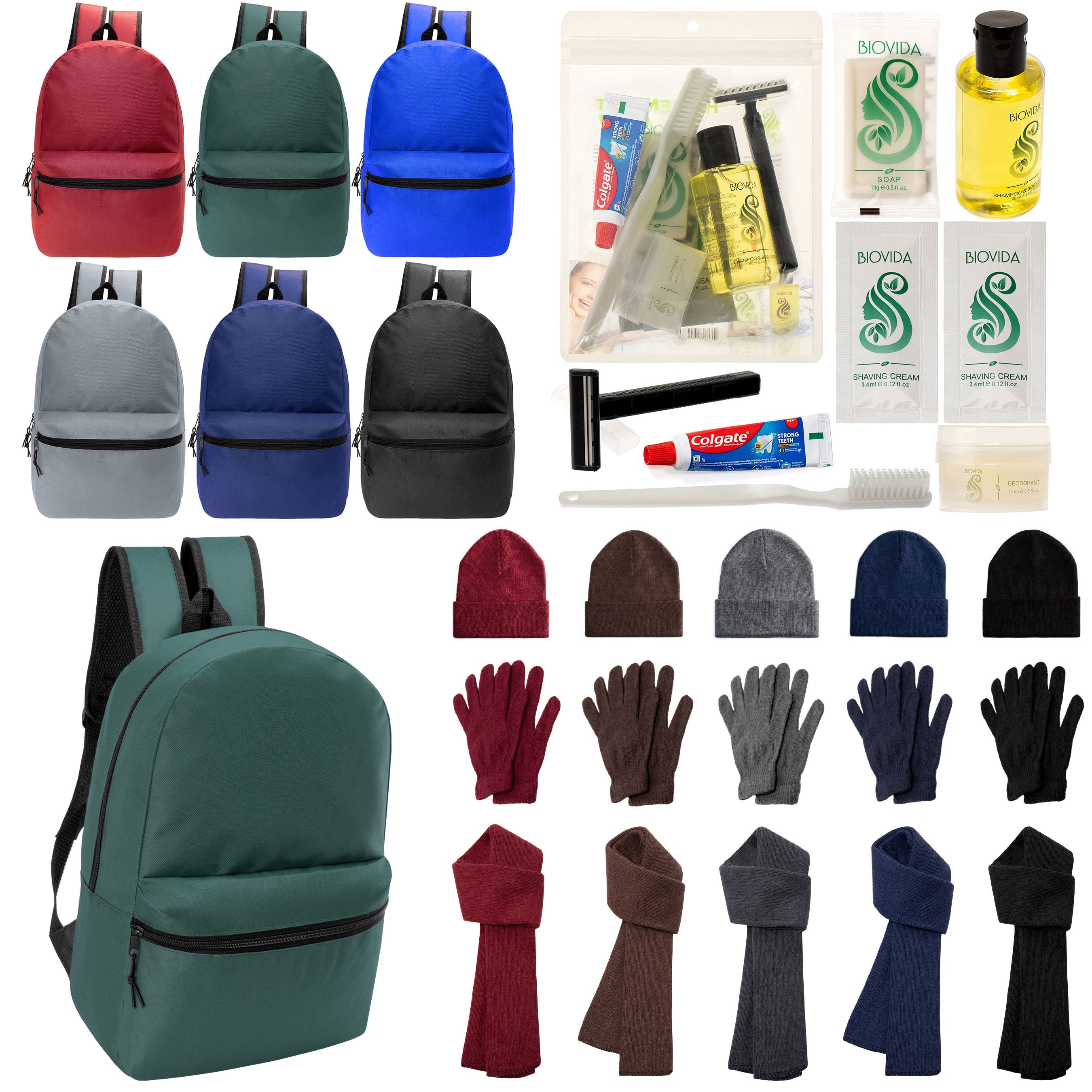 12 Basic 18.5" Backpacks in 6 Colors, 12 Winter Item Sets & Your Choice of 12 Bulk Hygiene Kits - Wholesale Homeless Care Package