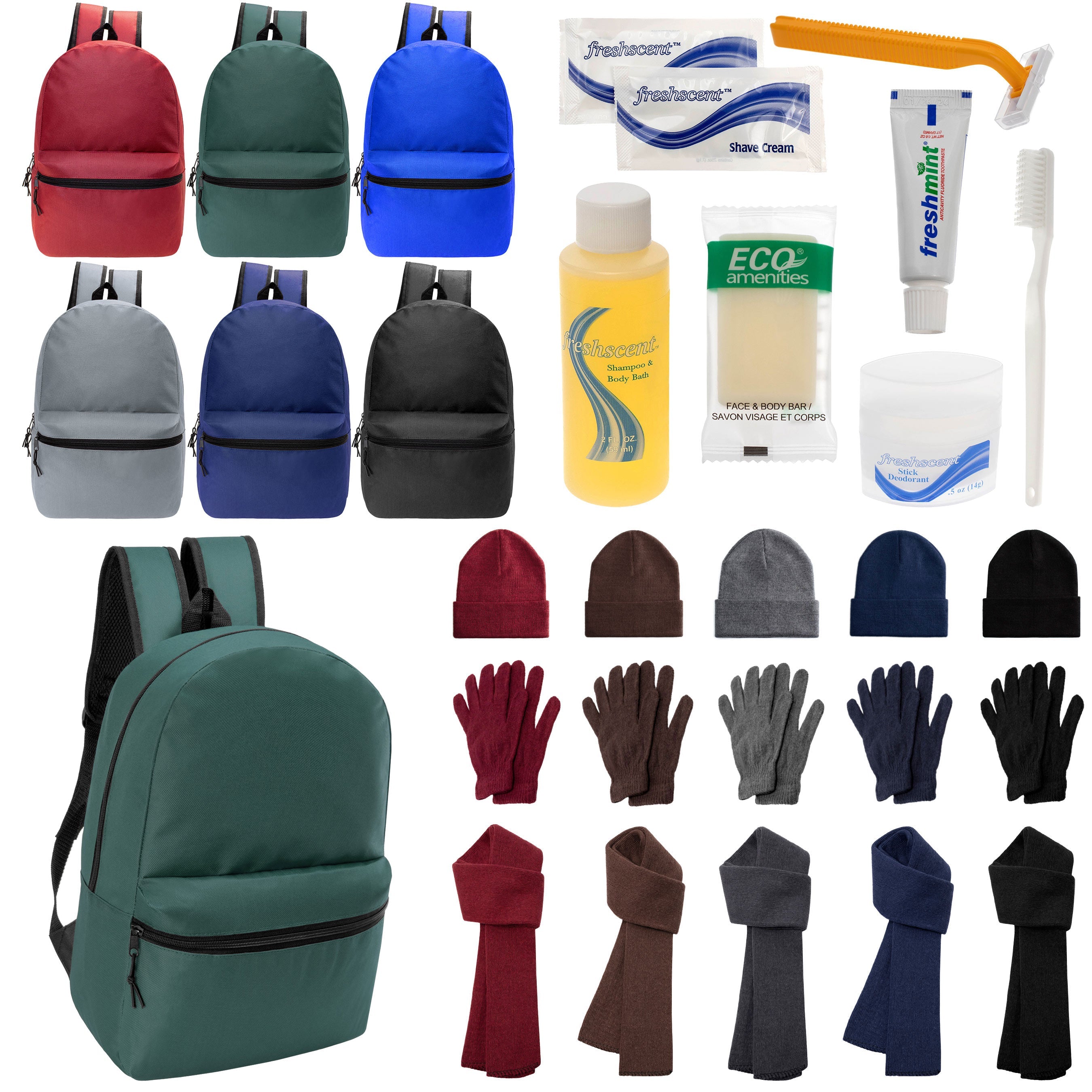 12 Basic 18.5" Backpacks in 6 Colors, 12 Winter Item Sets & Your Choice of 12 Bulk Hygiene Kits - Wholesale Homeless Care Package