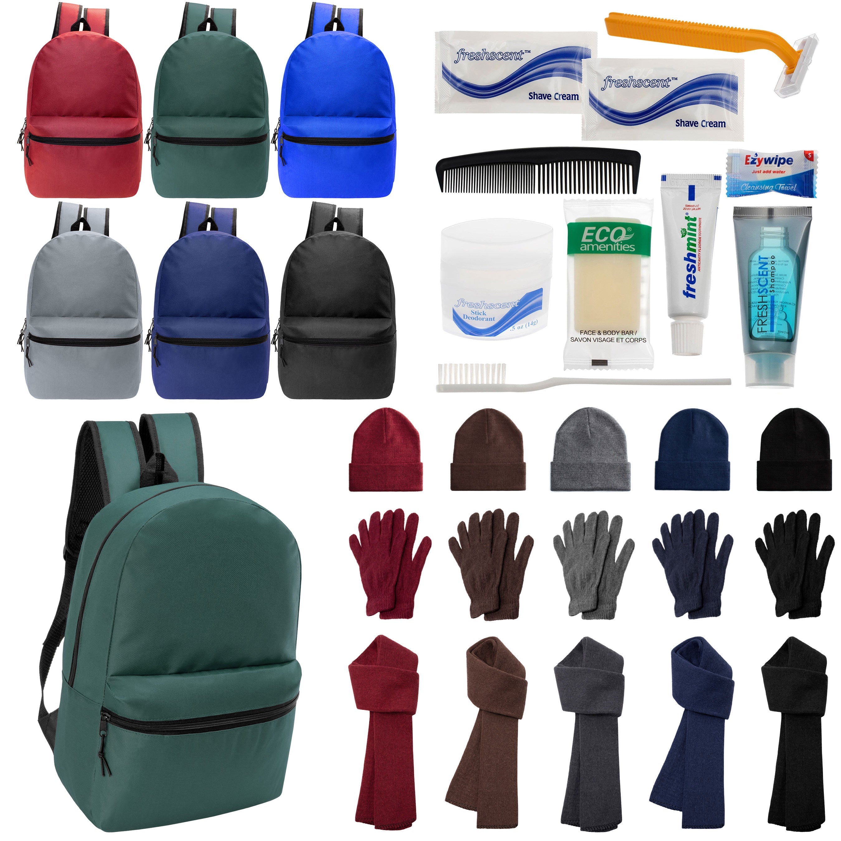 12 Basic 18.5" Backpacks in 6 Colors, 12 Winter Item Sets & Your Choice of 12 Bulk Hygiene Kits - Wholesale Homeless Care Package