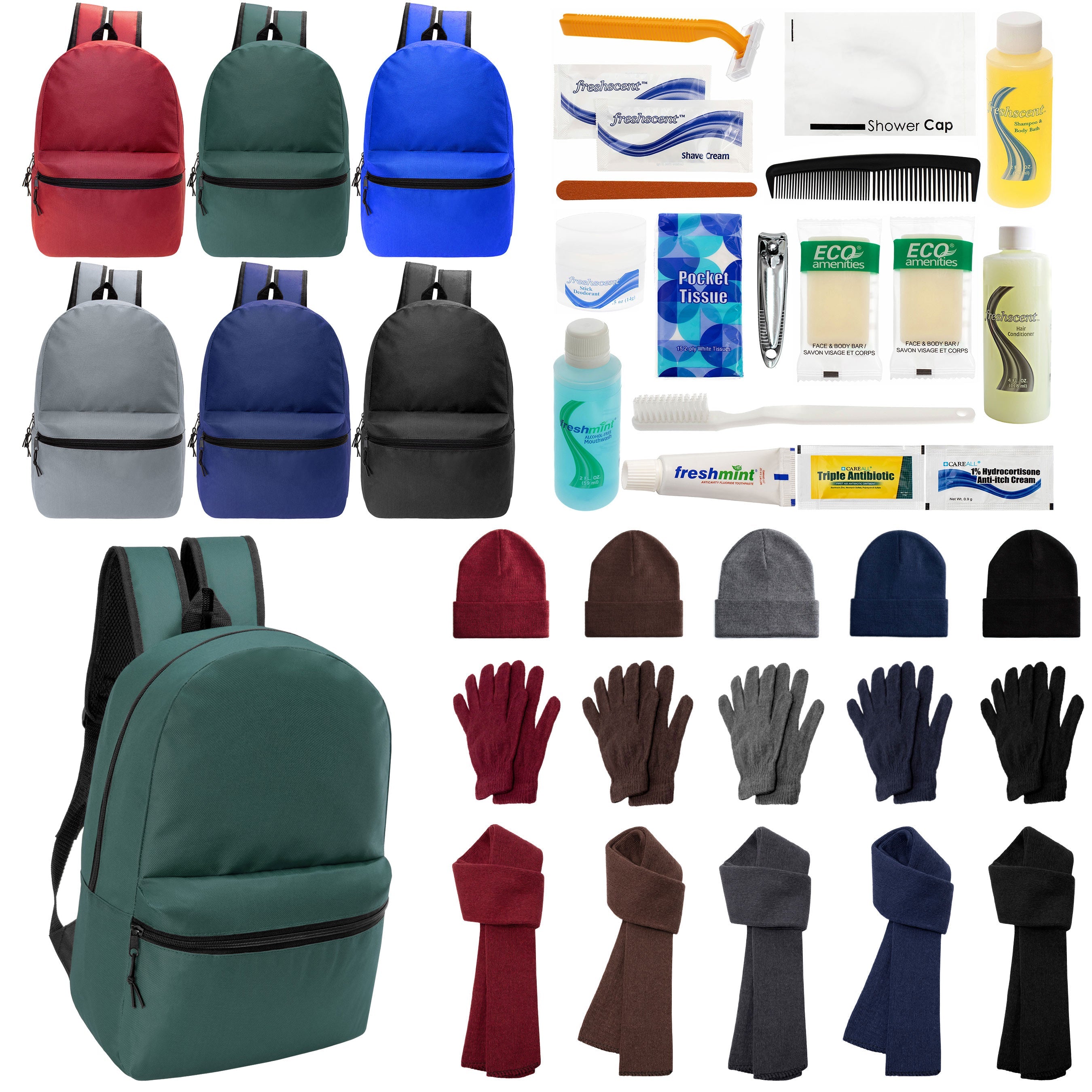 12 Basic 18.5" Backpacks in 6 Colors, 12 Winter Item Sets & Your Choice of 12 Bulk Hygiene Kits - Wholesale Homeless Care Package