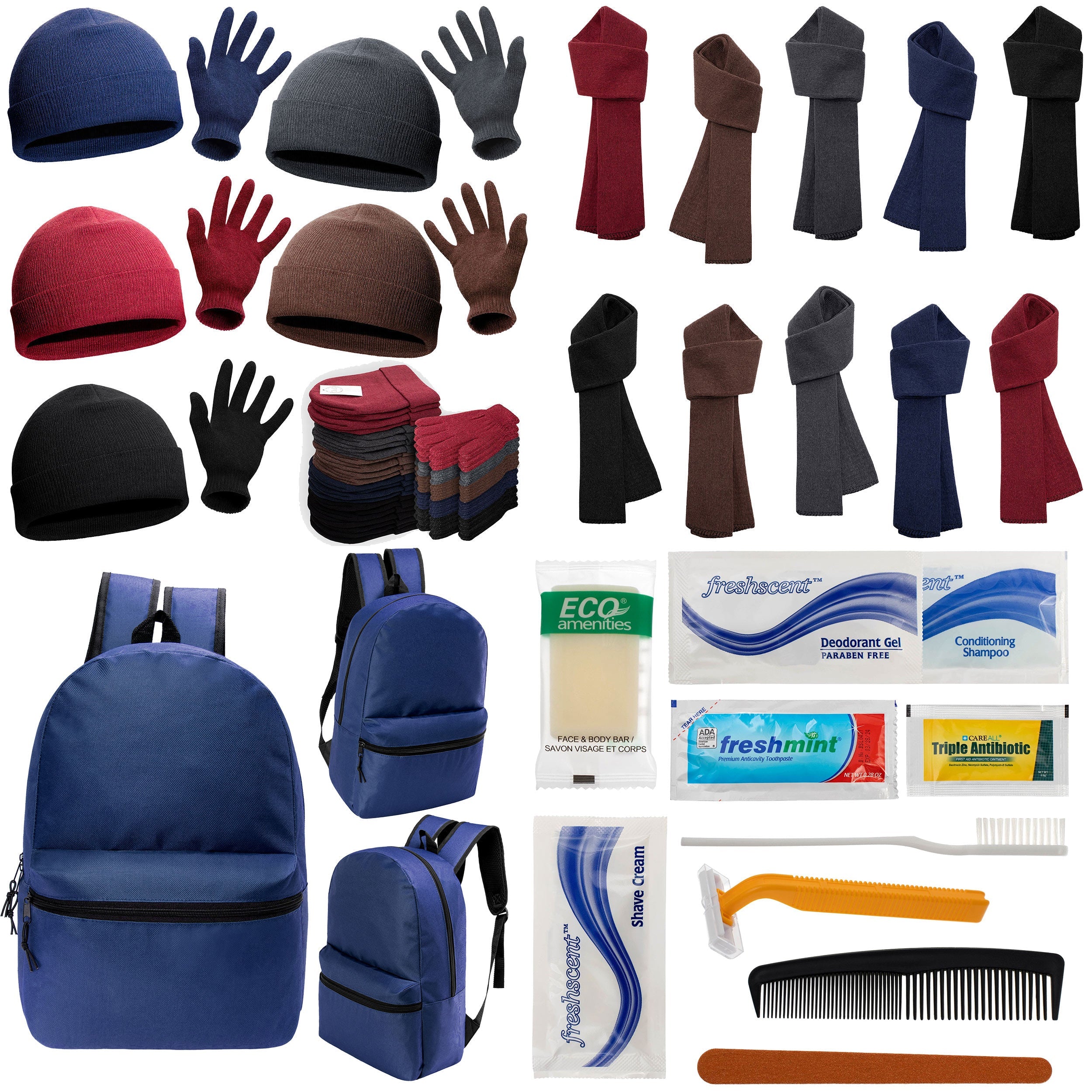 12 Basic 17" Backpacks in Navy Blue, 12 Winter Item Sets & Your Choice of 12 Bulk Hygiene Kits - Wholesale Homeless Care Package