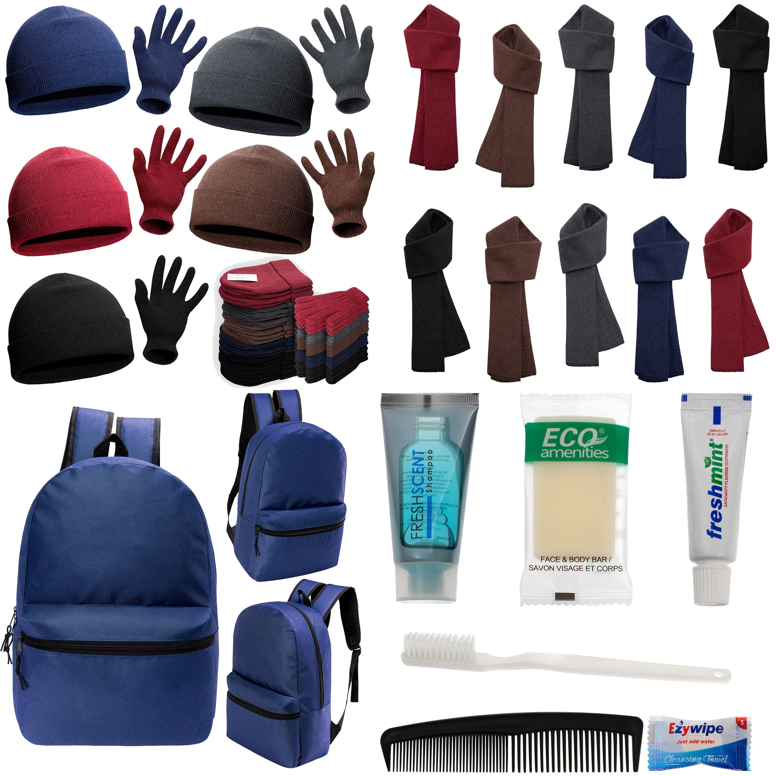 12 Basic 17" Backpacks in Navy Blue, 12 Winter Item Sets & Your Choice of 12 Bulk Hygiene Kits - Wholesale Homeless Care Package