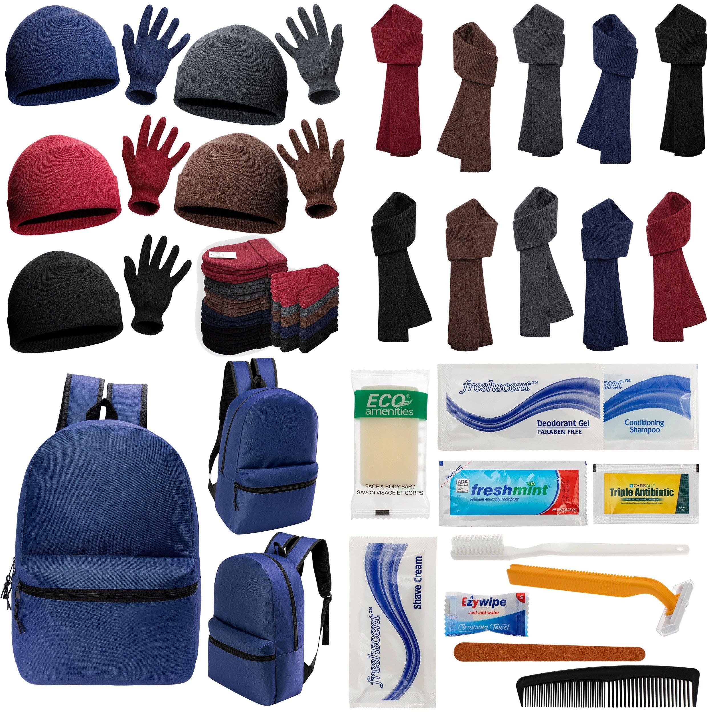 12 Basic 17" Backpacks in Navy Blue, 12 Winter Item Sets & Your Choice of 12 Bulk Hygiene Kits - Wholesale Homeless Care Package