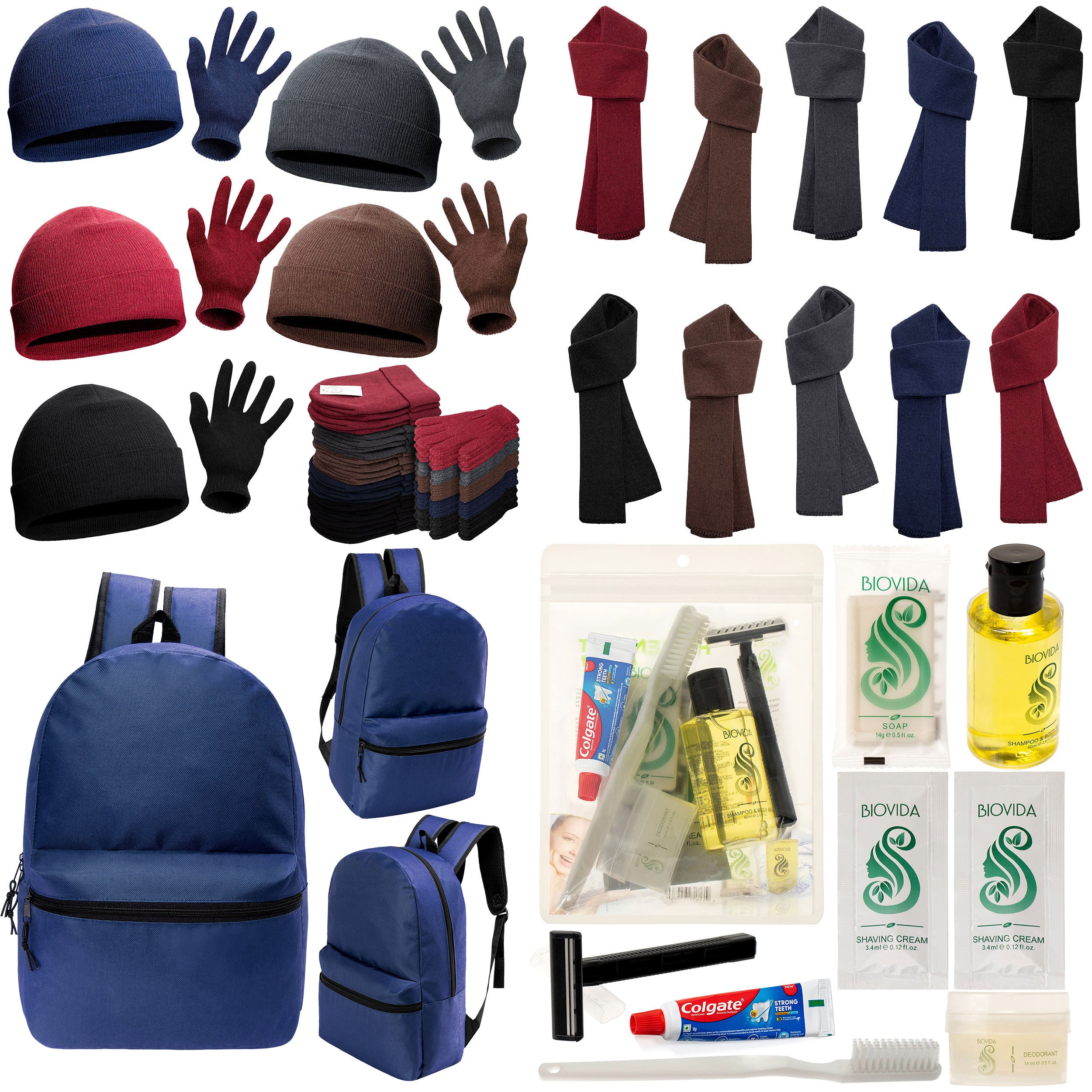 12 Basic 17" Backpacks in Navy Blue, 12 Winter Item Sets & Your Choice of 12 Bulk Hygiene Kits - Wholesale Homeless Care Package